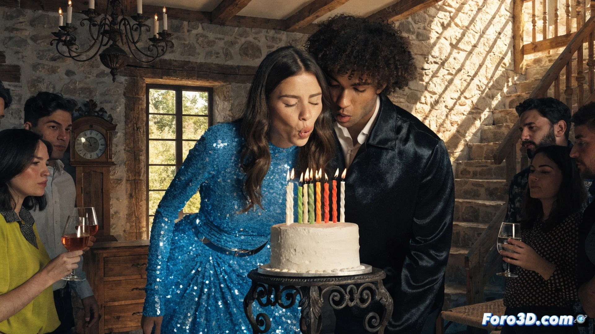 Aitana girando en el escenario durante su cumpleaños en Asturias, vestido azul Klein de lentejuelas reflejando focos LED, lentejuelas brillando mientras sopla velas junto al youtuber Plex, micrófono inalámbrico en mano, rodeada de amigos y familiares, fondo de pantalla gigante con visuales del disco, cables de audio y monitores de escenario visibles, luces cálidas de concierto, estilo cinematográfico y fotorealista, textura metálica de lentejuelas, atmósfera festiva y cercana, alta definición técnica