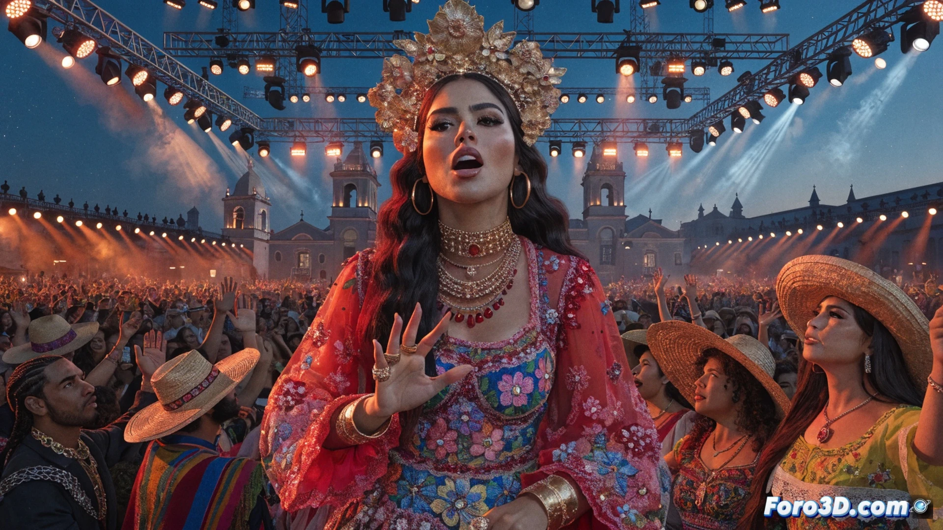 Multitud mexicana iluminada por luces de escenario color ámbar y azul, brazos levantados coreando un cántico mientras una cantante en el escenario sonríe emocionada, micrófono en mano, durante un concierto masivo, procesador de audio digital y consola de mezclas visibles en primer plano técnico, cables de instrumentos conectados a monitores de retorno, pantallas LED gigantes mostrando ondas sonoras en tiempo real, fotografía cinematográfica nocturna, profundidad de campo, vapor de máquina de humo, banderas mexicanas ondeando, conexión emocional palpable, estilo photorealistic con iluminación dramática de concierto.