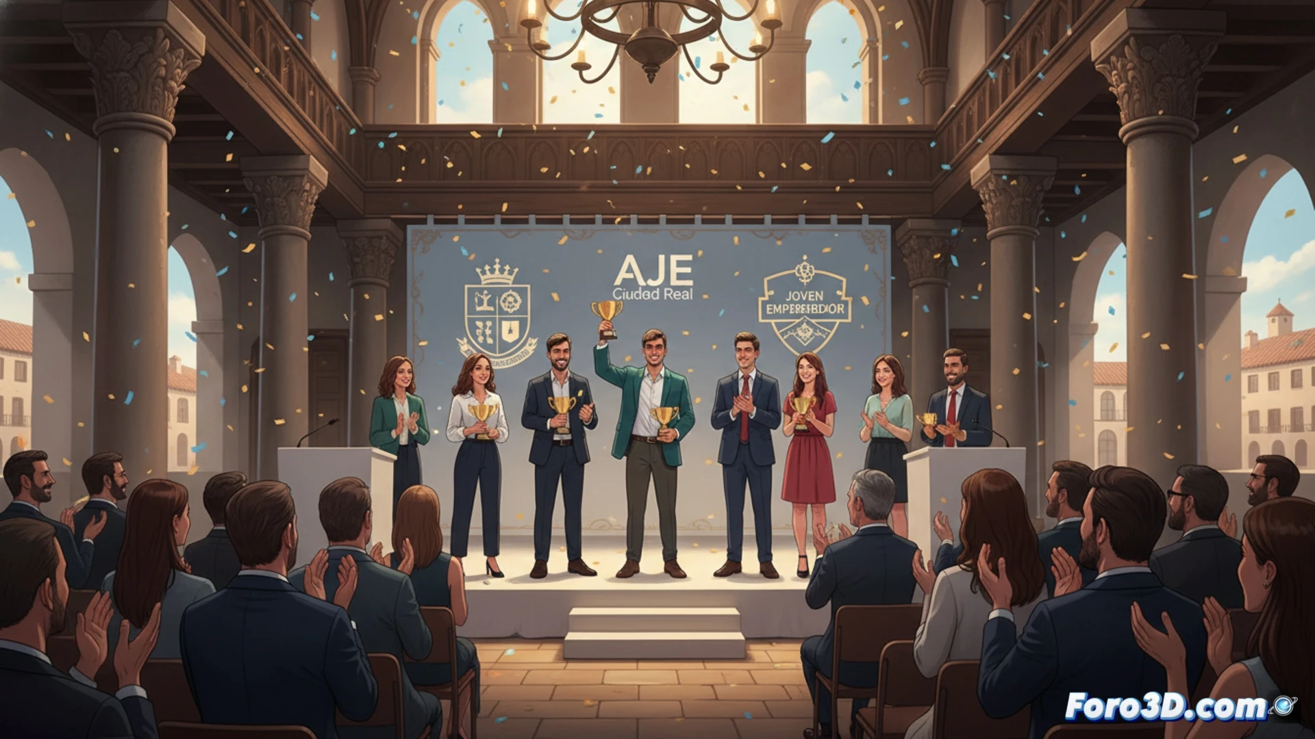 young professionals shaking hands in a modern co-working space, one holding a sleek tablet displaying a business growth chart, the other handing over a crystal award trophy, laptop with CAD software on desk, 3D-printed prototype model nearby, augmented reality glasses on table, warm golden hour light through floor-to-ceiling windows, diverse team members clapping in background, photorealistic technical illustration, sharp focus on handshake and award, soft bokeh on industrial shelving with tools and blueprints, cinematic composition, professional networking action
