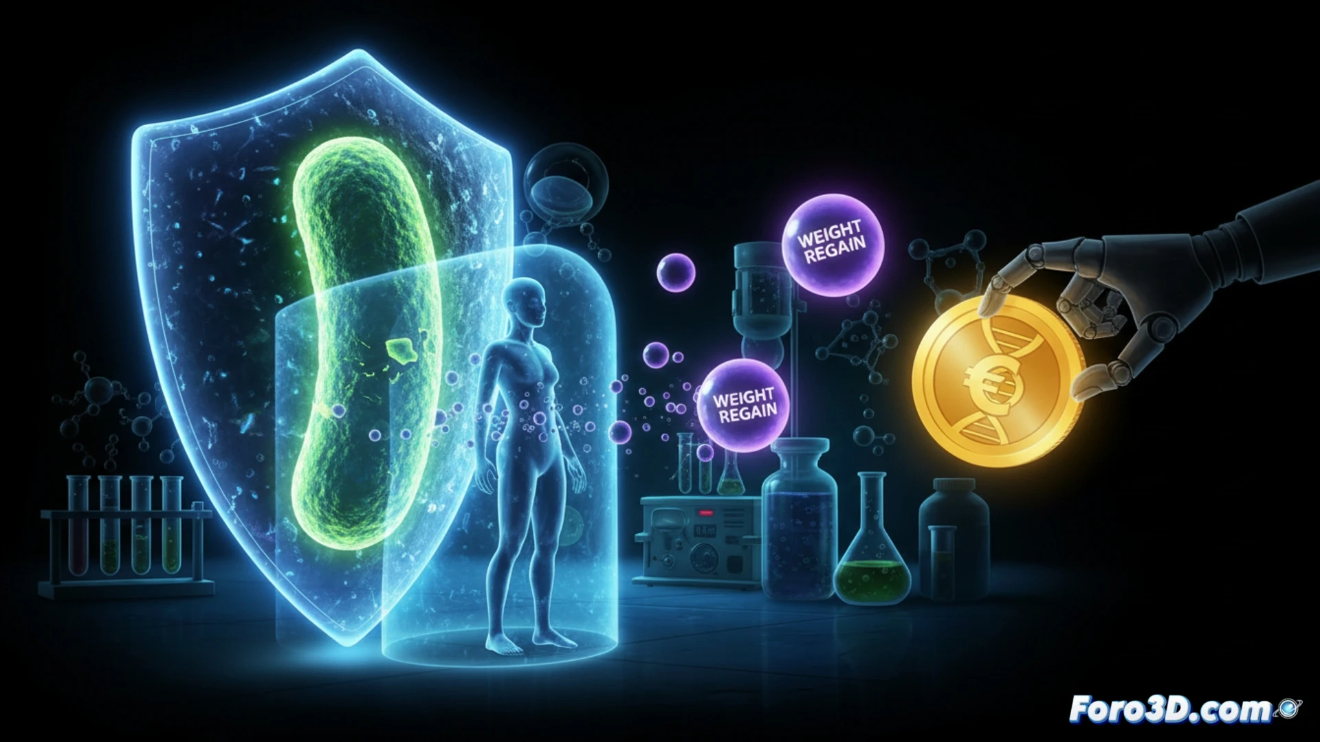 Akkermansia muciniphila bacteria colonizing intestinal wall, glowing probiotic supplement capsule dissolving in stomach acid, microscopic view of microbial cells attaching to mucus layer during digestion process, insulin molecules binding to cell receptors while fat cells shrink, technical medical illustration, high magnification scanning electron microscope style, bioluminescent green and blue bacteria against dark red tissue background, photorealistic cellular visualization, dramatic scientific lighting, detailed membrane structures and flagella, realistic microbiology render