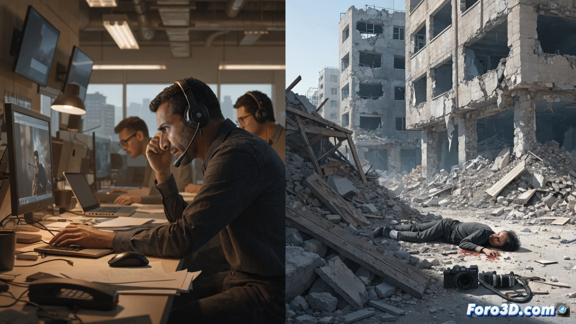 cinematic photorealistic scene of a destroyed media van in a Gaza street, shattered camera lens on the ground, bullet holes piercing a satellite dish, broken microphone cables dangling, a press vest torn and bloodstained, smoke rising from rubble in the background, scattered memory cards and lenses among debris, dramatic overcast lighting, dust particles floating in air, ultra-detailed destruction textures, war journalism equipment wreckage, intense somber atmosphere, technical illustration of media violence