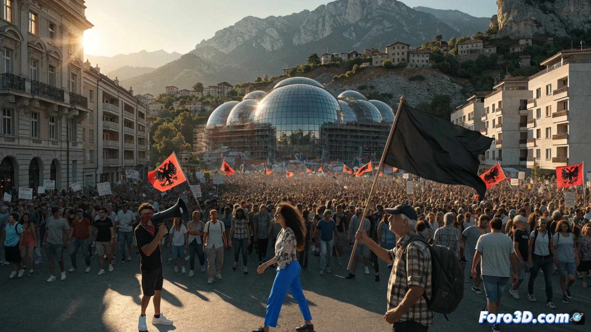 aerial view of massive protest crowd in Tirana city square, hundreds of raised fists holding smartphones with bright screens, demonstrators holding large printed diagrams showing luxury resort construction destroying protected coastal ecosystem, digital tablets displaying 3D models of privatized beach zones, smoke from flares rising above the crowd, photorealistic cinematic style, dramatic golden hour sunlight casting long shadows, ultra-detailed faces with angry expressions, drones hovering overhead capturing the scene, wide-angle lens perspective, high-contrast documentary photography aesthetic