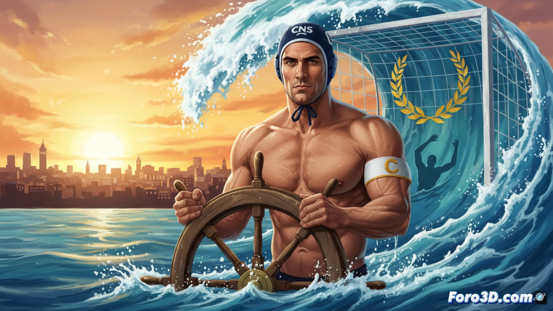 water polo player executing a powerful backhand shot from the center position, dynamic water splash around his torso, defensive opponent lunging forward with an arm raised, pool lane markers visible underwater, Olympic-sized pool with stadium seating in blurred background, cinematic sports photography style, dramatic low-angle shot, water droplets frozen mid-air, intense competitive action, blue and white team caps contrasting, photorealistic render with motion blur on splash particles, bright stadium lights reflecting on water surface