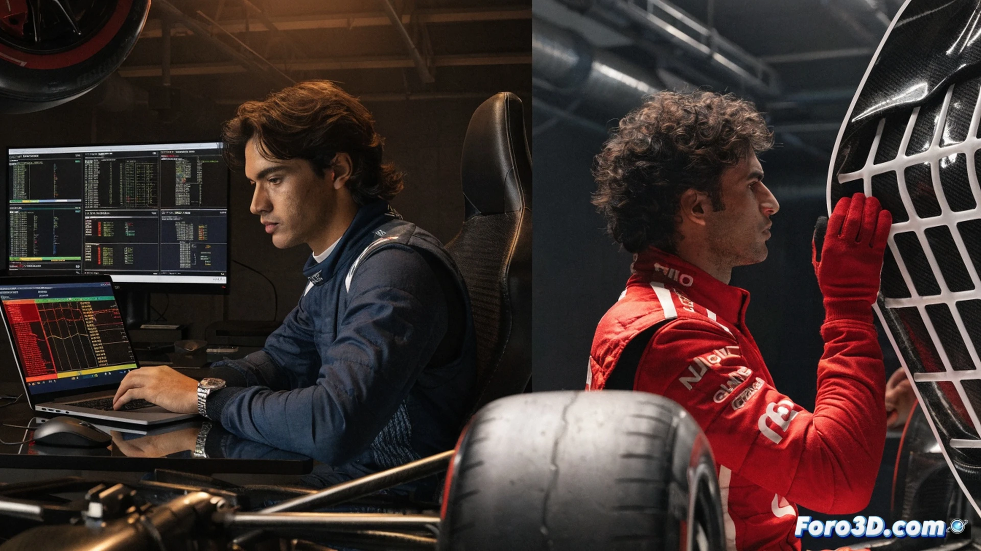 F1 engineer’s mind visualization, Carlos Sainz pointing at a detailed carbon fiber monocoque cross-section on a holographic display while Alexander Albon observes, both wearing team uniforms in a dimly lit garage, Sainz’s hand tracing a suspension component, technical blueprints and telemetry screens in background, glowing circuit board patterns reflected on helmets, cinematic engineering visualization, dramatic spotlight on the interaction, photorealistic technical illustration, carbon weave textures and metallic surfaces, sharp focus on hands and hologram, shallow depth of field, industrial workshop atmosphere
