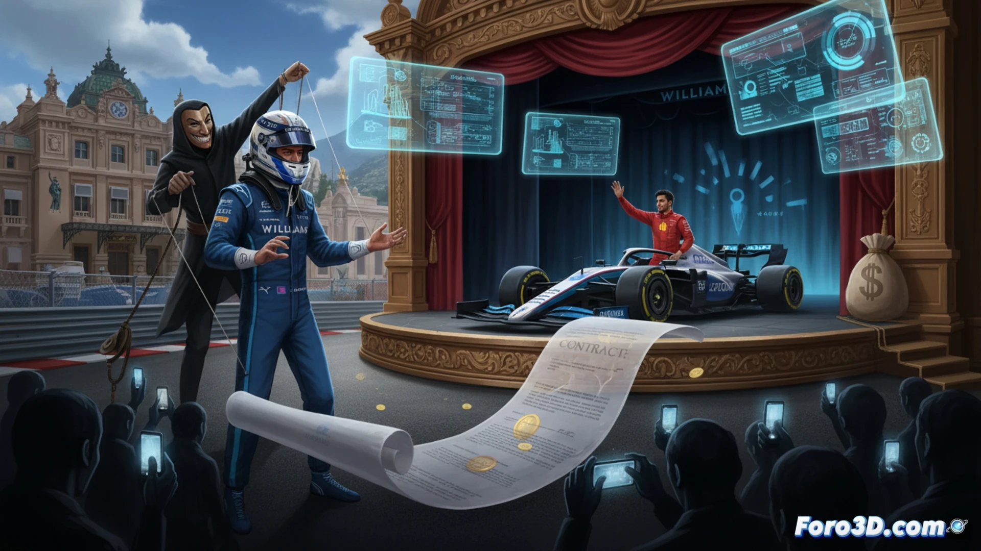 F1 pit crew adjusting rear wing angle on a Williams race car during Monaco Grand Prix, visible telemetry data cables connected to onboard sensors, engineer pointing at a laptop showing performance graphs while driver helmet visor reflects the harbor, staged frustration gesture from driver as team principal watches from garage, cinematic photorealistic technical illustration, dramatic shadows from Mediterranean sunlight, carbon fiber texture details, pit lane barriers with harbor yachts background, ultra-detailed mechanical components