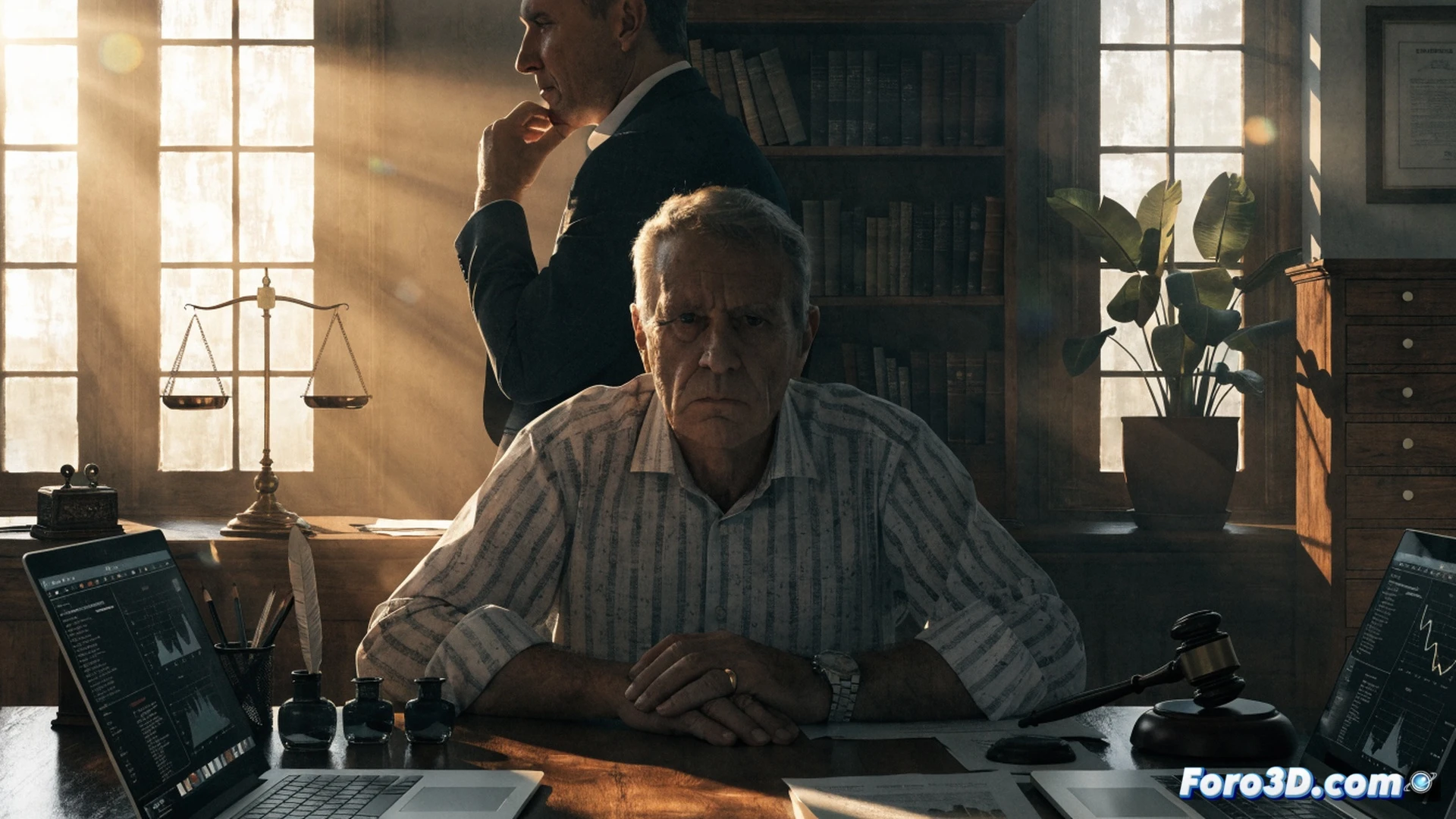 Photorealistic wide shot of a municipal office interior, mayor in suit gesturing defensively while a clerk holds an official building permit, Hacienda tax seizure documents visible on a cluttered desk, computer screen showing an open administrative database, security camera recording the scene, tense body language, cold fluorescent lighting, technical bureaucracy aesthetic, cinematic composition, realistic textures of paper stacks, office furniture, and digital interfaces, no visible text or numbers in the image.