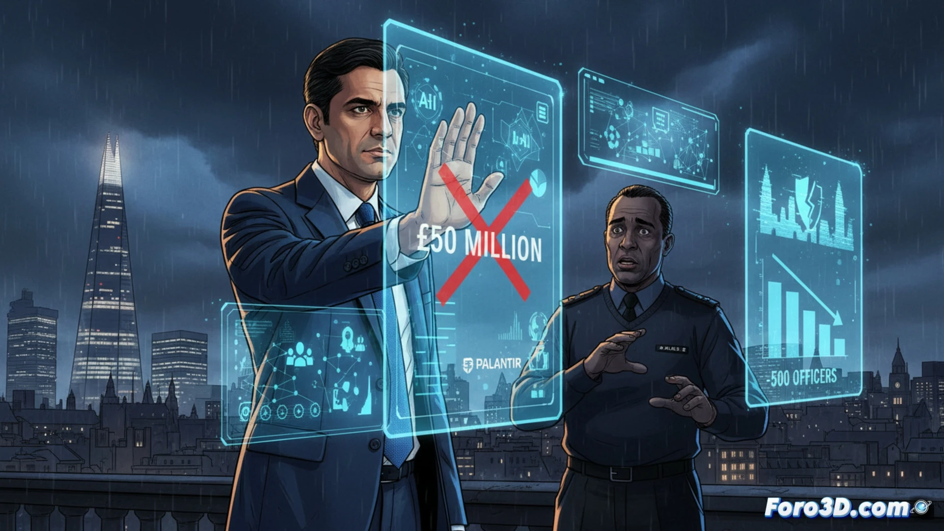 metropolitan police control room, large curved monitor displaying Palantir AI software interface with financial cost-benefit charts, police officer in uniform gesturing toward a half-empty street outside the glass wall, London skyline visible, fewer police cars on road, officer's hand showing empty patrol spots, desk with keyboard and blueprints of police station, cinematic photorealistic style, cold blue and grey lighting, tension in officer’s posture, technical visualization of budget constraints and resource reduction