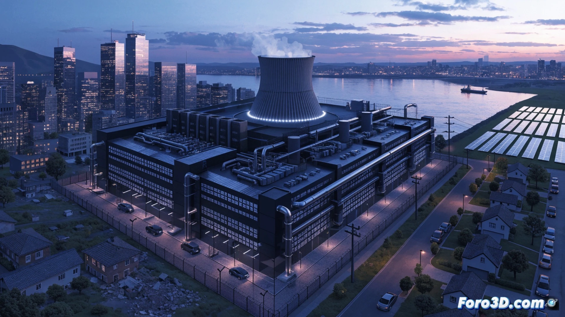 photorealistic aerial scene of a sprawling AI data center complex built on a brownfield abandoned lot, surrounded by desert city outskirts like Phoenix, solar panels and wind turbines powering the facility, cooling towers emitting steam over a dry riverbed, a group of forty diverse mayors in formal suits standing on a concrete platform, pointing at blueprints and holographic power grid maps, one mayor holding a tablet showing water usage graphs, another gesturing toward a restored wetland nearby, bulldozers clearing old industrial debris in the background, dramatic sunset lighting, ultra-detailed urban infrastructure, cinematic technical visualization