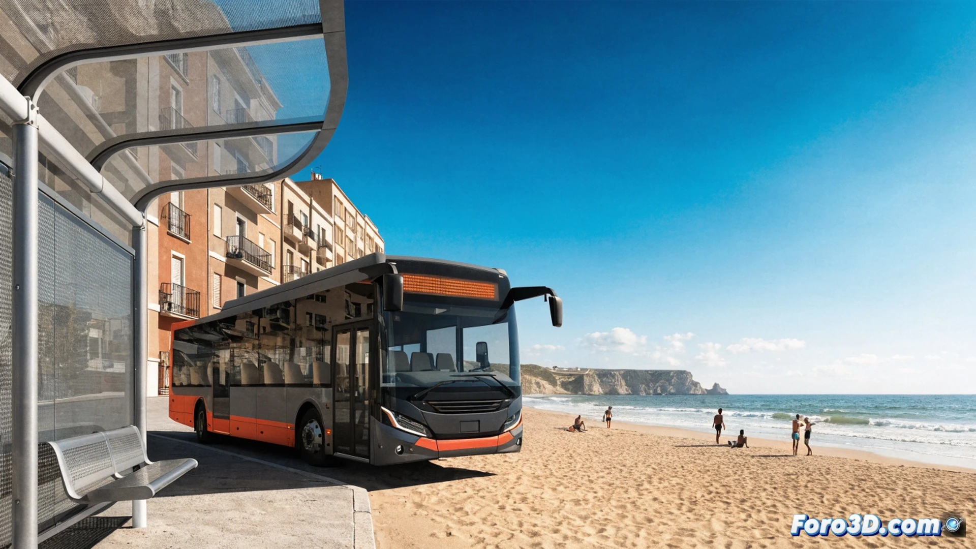 autobús azul con franja amarilla circulando por carretera costera al amanecer, pasajeros sentados junto a ventanas abiertas con brisa marina, maletas y toallas visibles en portaequipajes, panel digital en parabrisas mostrando destino Mazarron, paisaje de playa y palmeras al fondo, estilo cinematográfico fotorrealista, luz cálida de verano, reflejos metálicos en carrocería, movimiento sugerido por estelas de polvo, composición dinámica con horizonte marino, ilustración técnica de transporte público estacional
