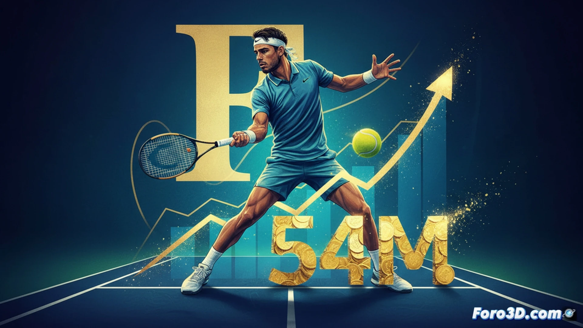 young tennis player mid-swing on clay court, racquet striking bright yellow ball at high speed, motion blur on ball and racquet head, dollar-sign-shaped particle trails forming around the ball trajectory, tennis net with fine mesh texture in background, stadium floodlights casting dramatic shadows, sneakers gripping red clay surface with visible scuff marks, photorealistic cinematic style, dynamic action shot, shallow depth of field, sweat droplets frozen mid-air, court line markings crisp, warm golden hour lighting mixed with cool stadium LED tones, ultra-detailed fabric texture on athletic shirt, technical sport visualization