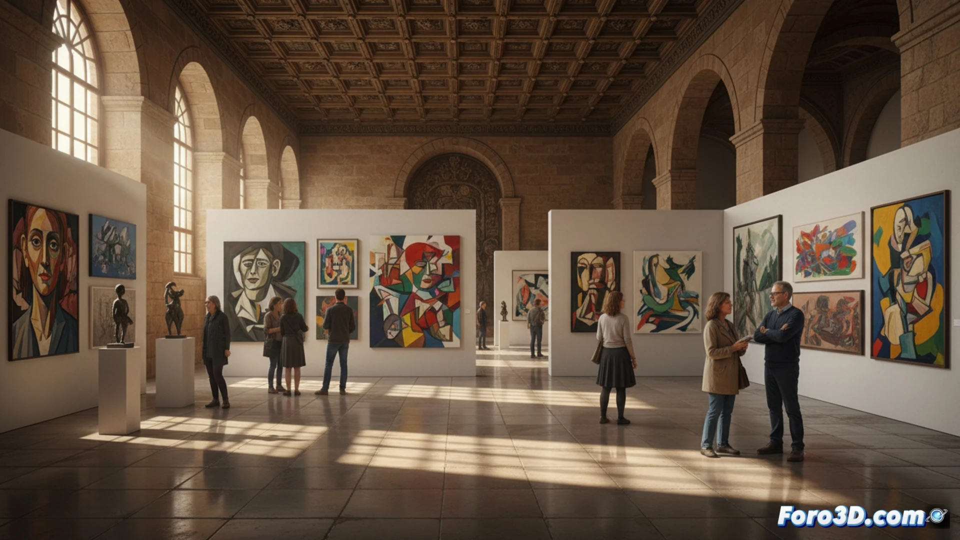 photorealistic wide-angle shot of a bright, modern exhibition hall, visitors walking past white gallery walls, 46 framed artworks of varied styles and techniques displayed in neat rows, soft spotlighting on each piece, a woman pausing to examine a textured abstract painting while a man reads a wall label, polished concrete floors reflecting the gallery lights, open doorway showing natural daylight, cultural center ambiance, clean architectural lines, warm neutral color palette, detailed brushstrokes visible on canvases, smooth diffusion of light across the space, technical interior photography style, high depth of field, no text or signage visible