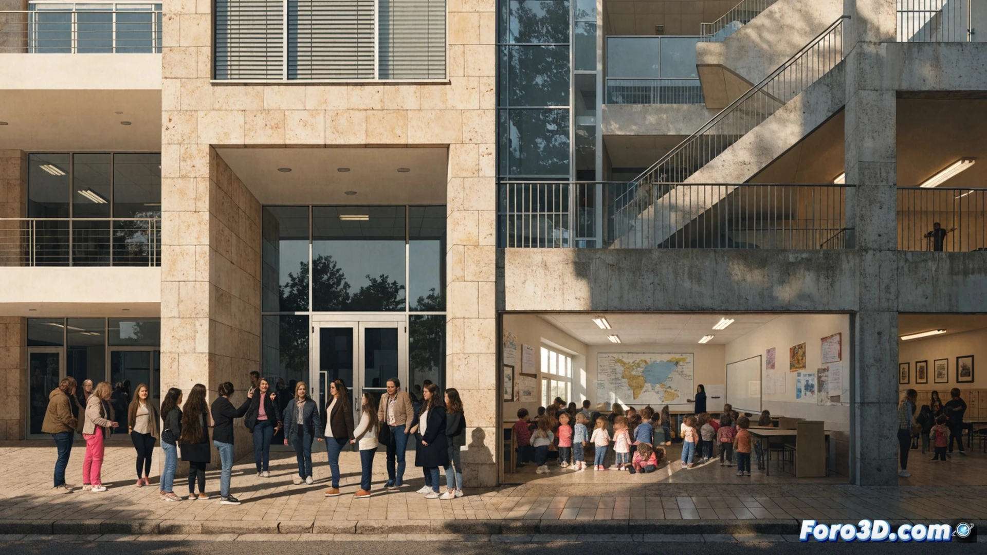 CEIP El Romeral school facade with a crowded entrance, parents holding children's hands looking at a closed classroom door with a sign indicating full capacity, empty school bus in background symbolizing forced long commutes, dramatic afternoon sunlight casting long shadows, photorealistic architectural visualization, brick wall texture, metal window frames, concrete pavement, tension visible in body language, cinematic wide shot, documentary style, warm amber lighting contrasting with cold blue sky