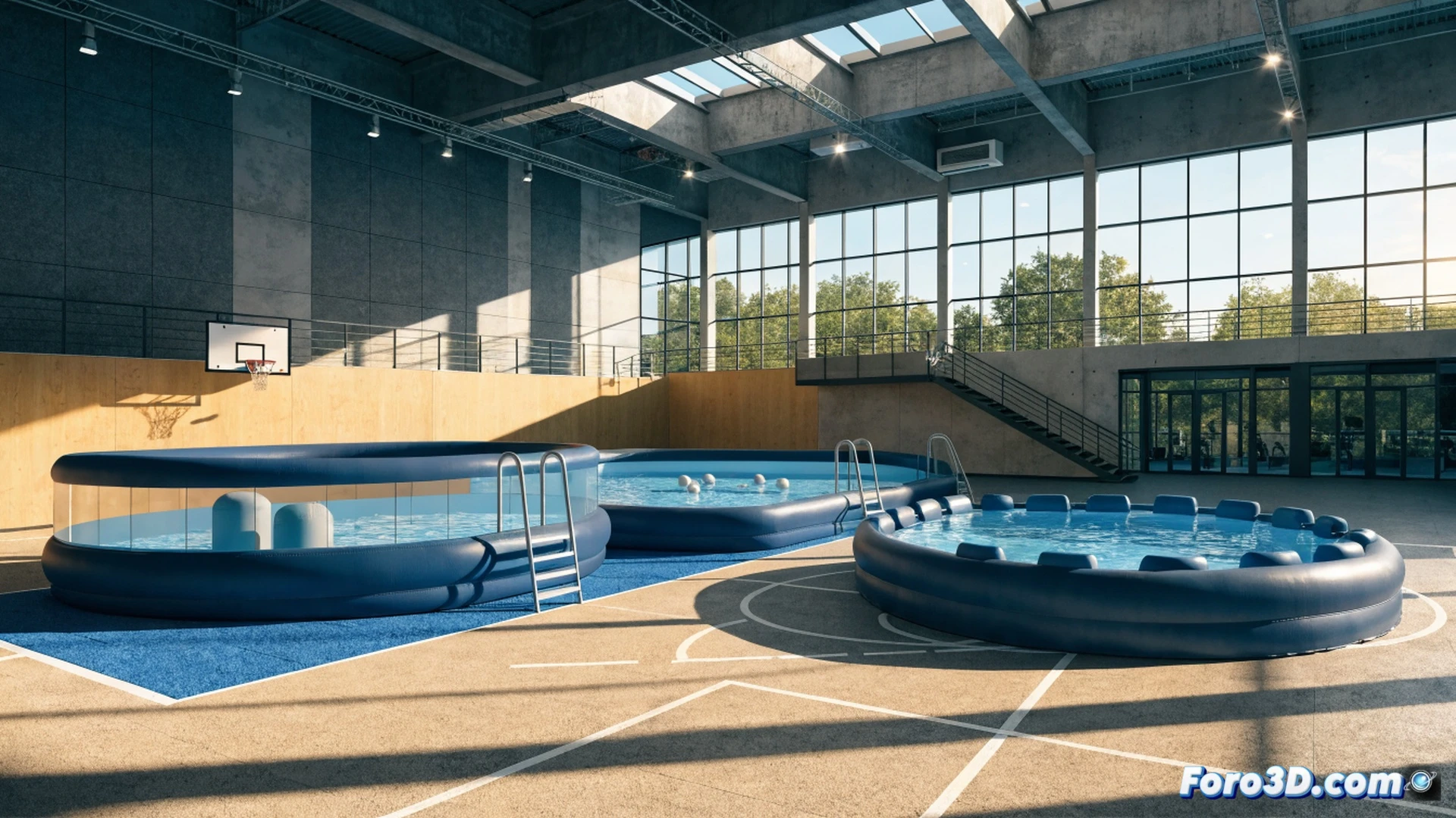 Three portable blue plastic pools installed in a sports complex courtyard, children splashing water while parents sit on shaded benches, damaged municipal pool building visible in background with cracked tiles and construction barriers, bright midday sun casting sharp shadows, inflatable pool edges with water overflow droplets frozen mid-air, realistic architectural visualization, technical infrastructure context, swimming floats and safety signs near pool perimeter, photorealistic summer scene, clear blue water surface reflections, dry cracked ground patches contrasting with wet pool area, cinematic wide-angle composition