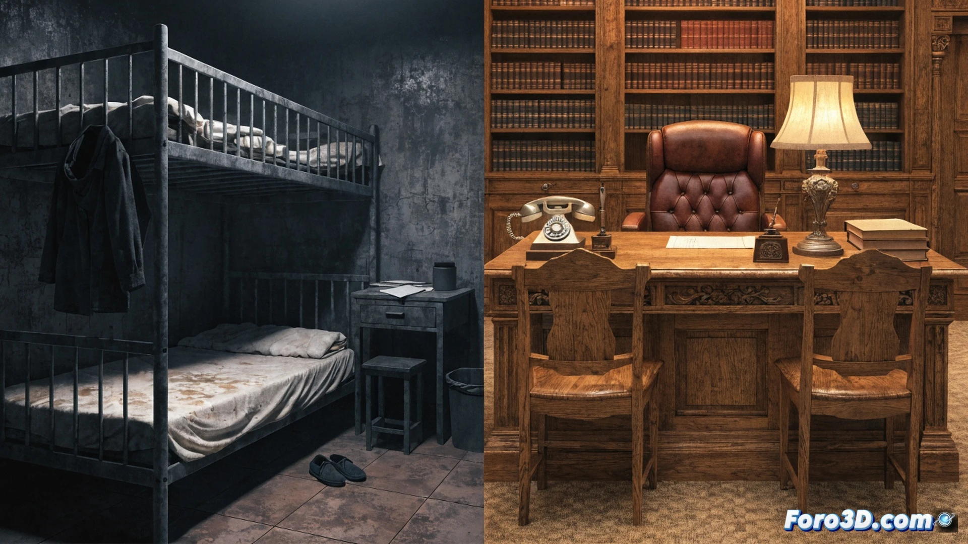 courtroom desk with a suspended jail cell door hanging open above a stack of quarterly reports, a judge's gavel resting beside a keyboard displaying a document editing interface, a prisoner's uniform folded neatly on a chair while a social work badge lies next to it, dramatic chiaroscuro lighting casting long shadows across the polished wood surface, photorealistic cinematic style, shallow depth of field focusing on the transition from handcuffs to a pen, ultra-detailed textures of legal documents and metal fixtures, moody blue-gray color palette