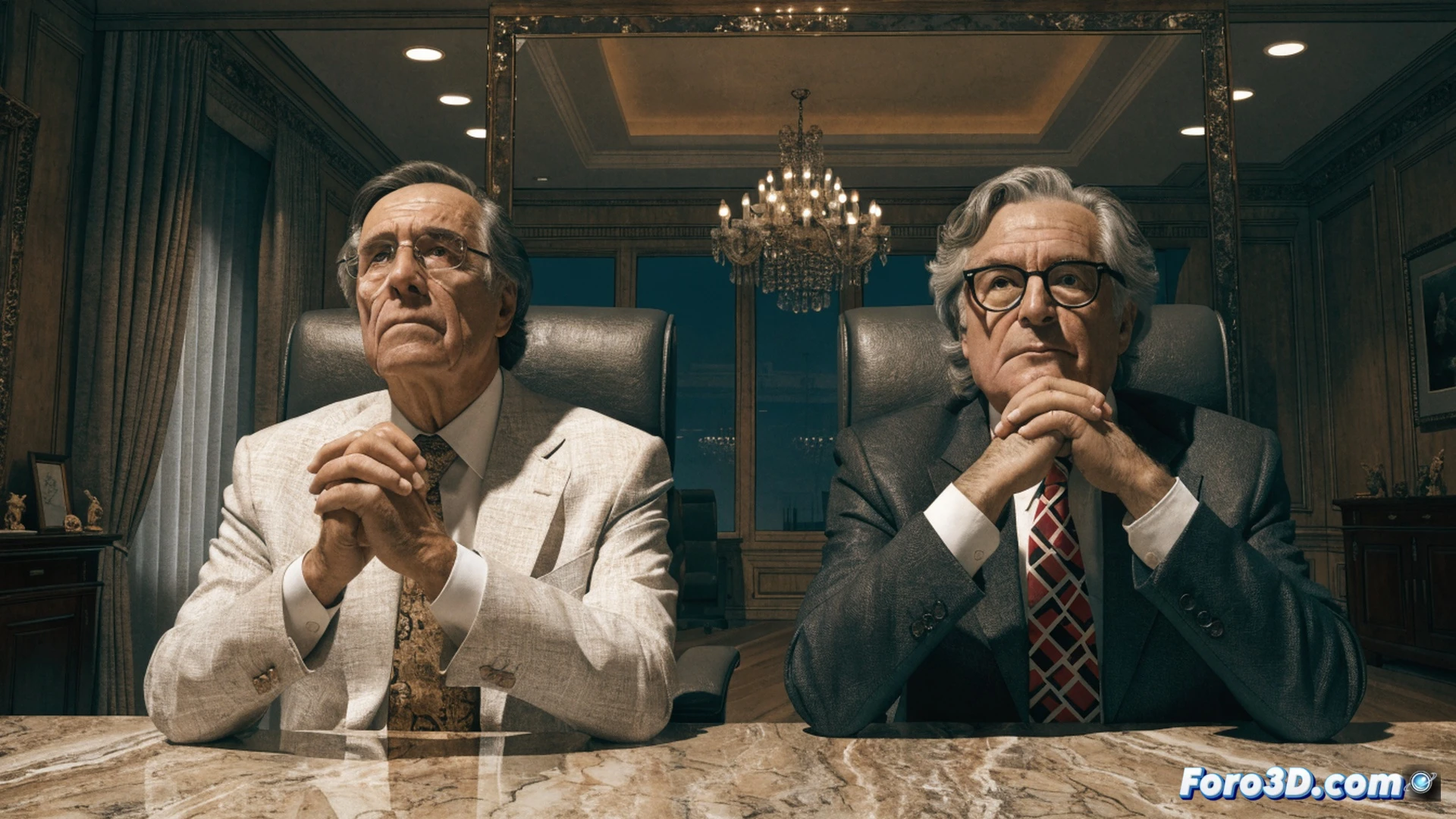 two middle-aged men in suits standing inside a modern glass-walled government office, one handing a formal document with a corporate seal to the other, a laptop on the desk displaying a public company logo and organizational chart, a nameplate reading Consejero on the desk, tension visible in their postures, photorealistic technical illustration, bright overhead LED lighting casting sharp shadows, polished floor reflecting the scene, corporate boardroom atmosphere, ultra-detailed fabric textures and paper grain, cinematic composition