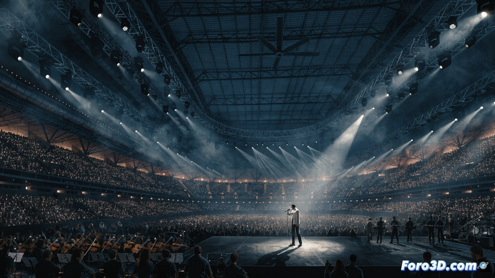 Estadio Metropolitano abarrotado durante concierto de Alejandro Sanz, 55.000 asistentes con brazos levantados y luces de móviles encendidas formando un mar de estrellas, escenario central con pantallas LED gigantes mostrando primeros planos del artista cantando con emoción, haces de luz blanca y azul atravesando la multitud, sistema de sonido line array suspendido del techo visible, ingenieros en consola de mezclas digital operando durante el show, fotorealistic cinematic visualization, noche oscura, humo escénico, vibración emocional palpable, alta definición técnica.