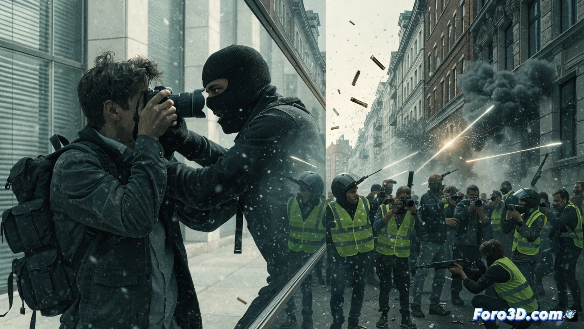 photorealistic scene of a journalist in a bulletproof vest holding a microphone with a cracked screen, smashed camera on the ground nearby, aggressive hands reaching toward the journalist from the edge of the frame, press badge with visible damage, broken lens glass reflecting a blurred city street, dark alley lighting with a single flickering streetlamp, police tape in the background, cinematic technical illustration, dramatic shadows, high-contrast lighting, gritty urban atmosphere, detailed fabric tears on the journalist's jacket, ultra-realistic textures, motion blur on the attacking hands, sense of imminent violence, photorealistic documentary-style render