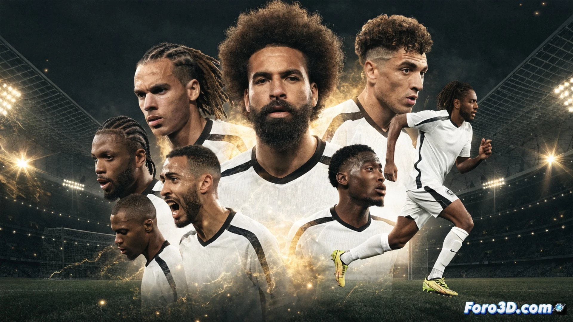 Multicultural soccer team huddle on pitch, eight players with African and European heritage arms interlocked, sweat droplets catching stadium floodlights, green grass blades disturbed by cleats, football boots with mud streaks, tactical formation diagram glowing on tablet held by coach in background, photorealistic sports documentary style, unity gesture during match, diverse skin tones contrasting under dramatic sunset sky, stadium architecture visible, motion blur on distant running players, high-contrast lighting emphasizing team cohesion, technical visualization of human integration