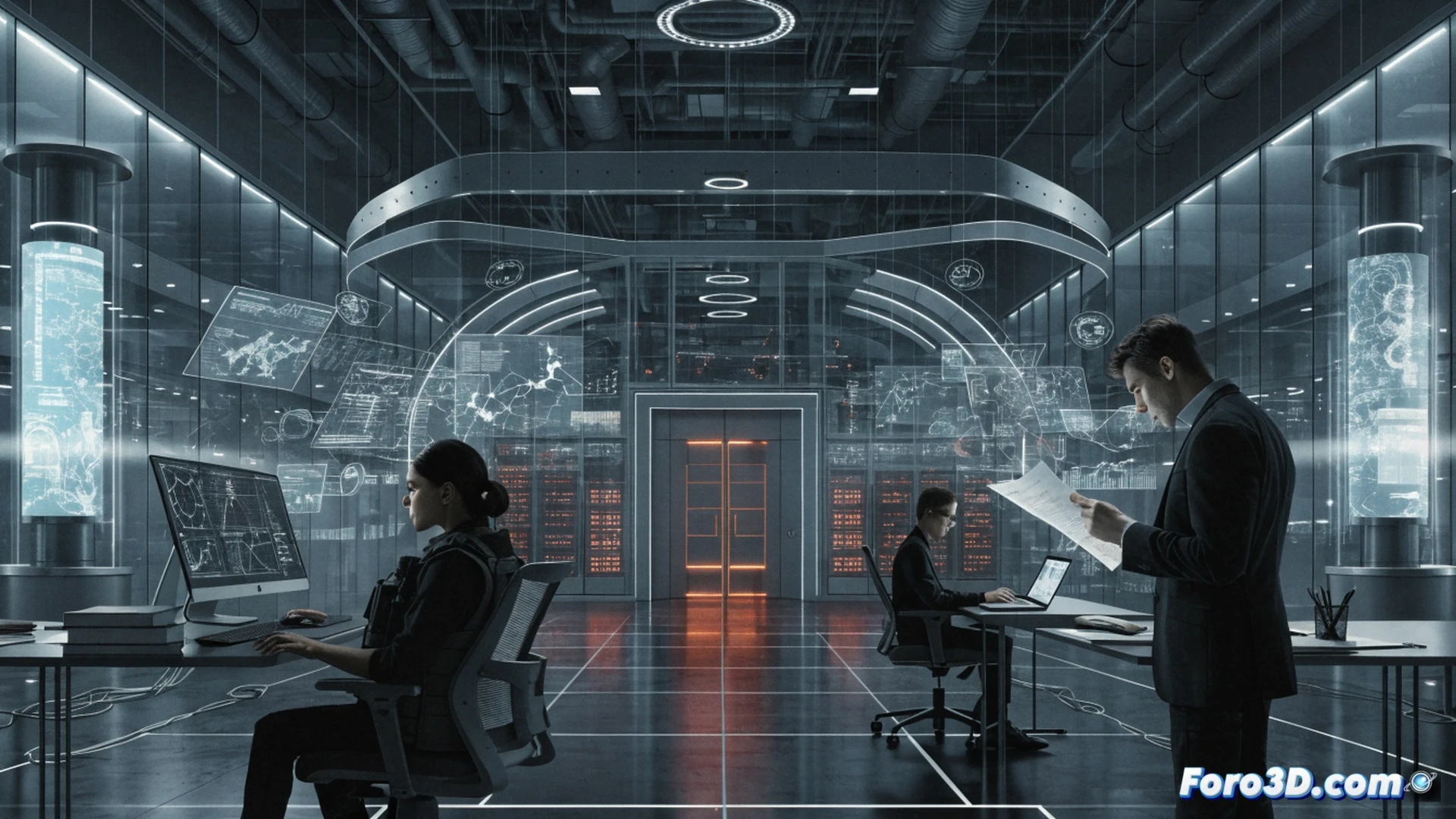 photorealistic technical illustration, Berlin city skyline silhouette at dusk, a central digital command center with three operators monitoring multiple screens showing real-time data streams, cybersecurity threat maps with glowing red nodes, and a social media feed labeled with warning icons, a holographic shield projection overlaying the building, police and intelligence officers in civilian attire collaborating over a transparent digital table displaying encrypted data flows, cinematic lighting with blue and amber tones, ultra-detailed fiber optic cables and server racks visible in the background, dramatic shadow contrasts, high-end engineering visualization
