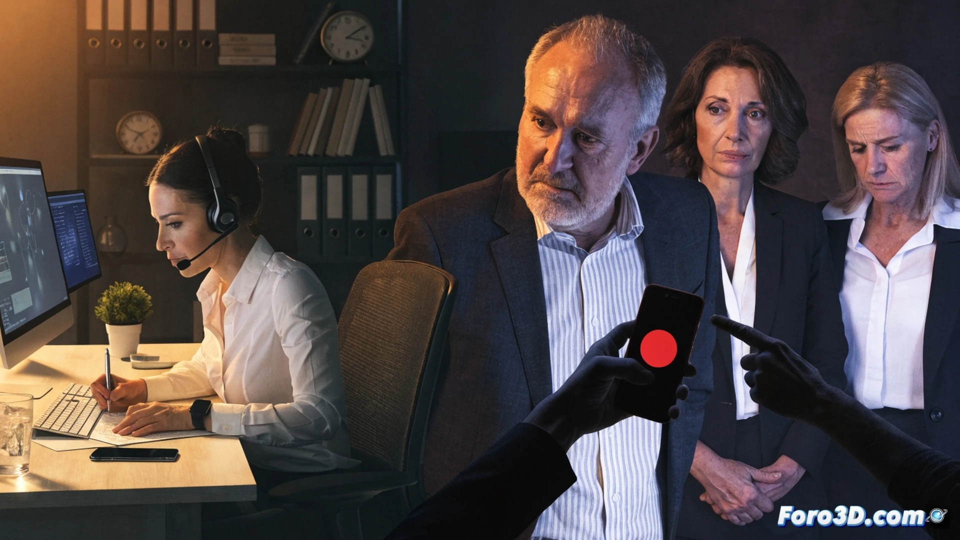 photorealistic scene of a local German politician sitting at a home office desk, holding a smartphone displaying a blurred threatening message, a laptop open showing a digital dashboard for a national helpline with 320 cases listed, a pen and notepad with crossed-out words nearby, tense facial expression, evening lighting through a window casting long shadows, cinematic composition, realistic textures of wood desk and glass screen, moody atmosphere highlighting digital harassment and bureaucratic response, no text visible in image