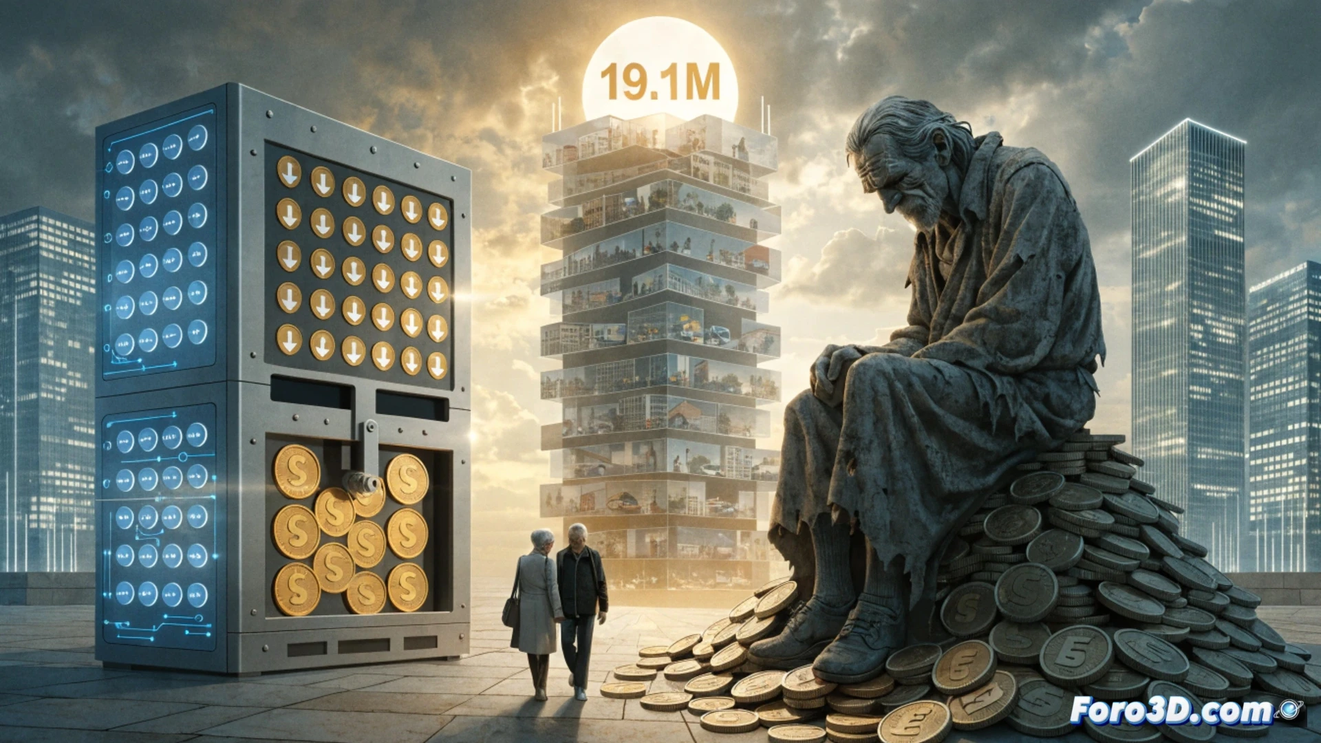German pension system pressure visualization, elderly workers using tablet computers showing declining pension graphs while standing near factory machinery, gears and financial documents scattered on workbench, technical blueprint of demographic pyramid floating in background, cinematic engineering visualization, realistic industrial lighting, motion blur on spinning clock hands, glowing red warning indicators on financial software dashboard, photorealistic technical illustration, ultra-detailed mechanical components mixed with digital interfaces