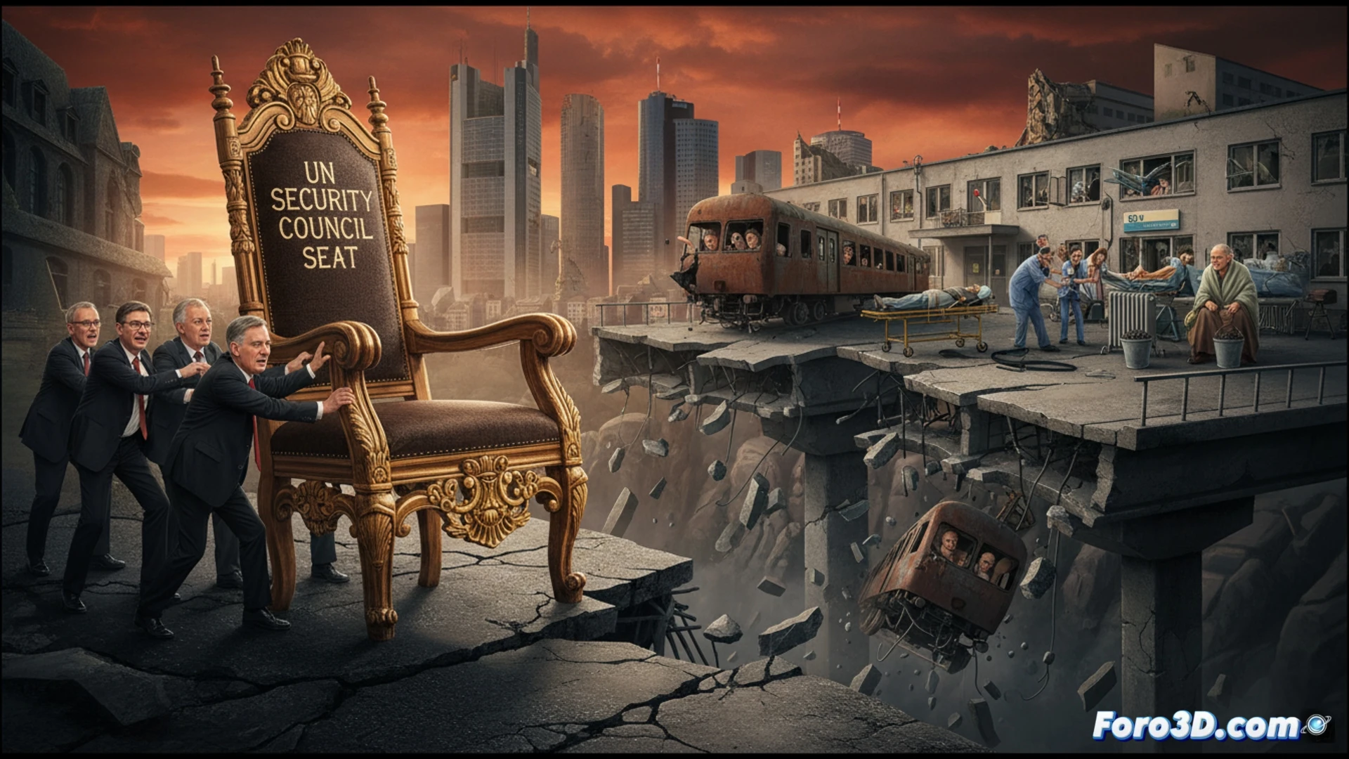German bridge section collapsing into a river, concrete chunks falling into muddy water, rusted steel cables snapping under tension, while in the background a luxury diplomatic reception tent with champagne glasses and diplomats in suits ignores the destruction, cracked asphalt road surface showing potholes and exposed rebar, photorealistic cinematic scene, dramatic overcast sky, wide-angle shot showing contrast between crumbling infrastructure and elite celebration, ultra-detailed textures of decayed concrete and polished glassware, high contrast lighting, technical visualization of structural failure mechanics