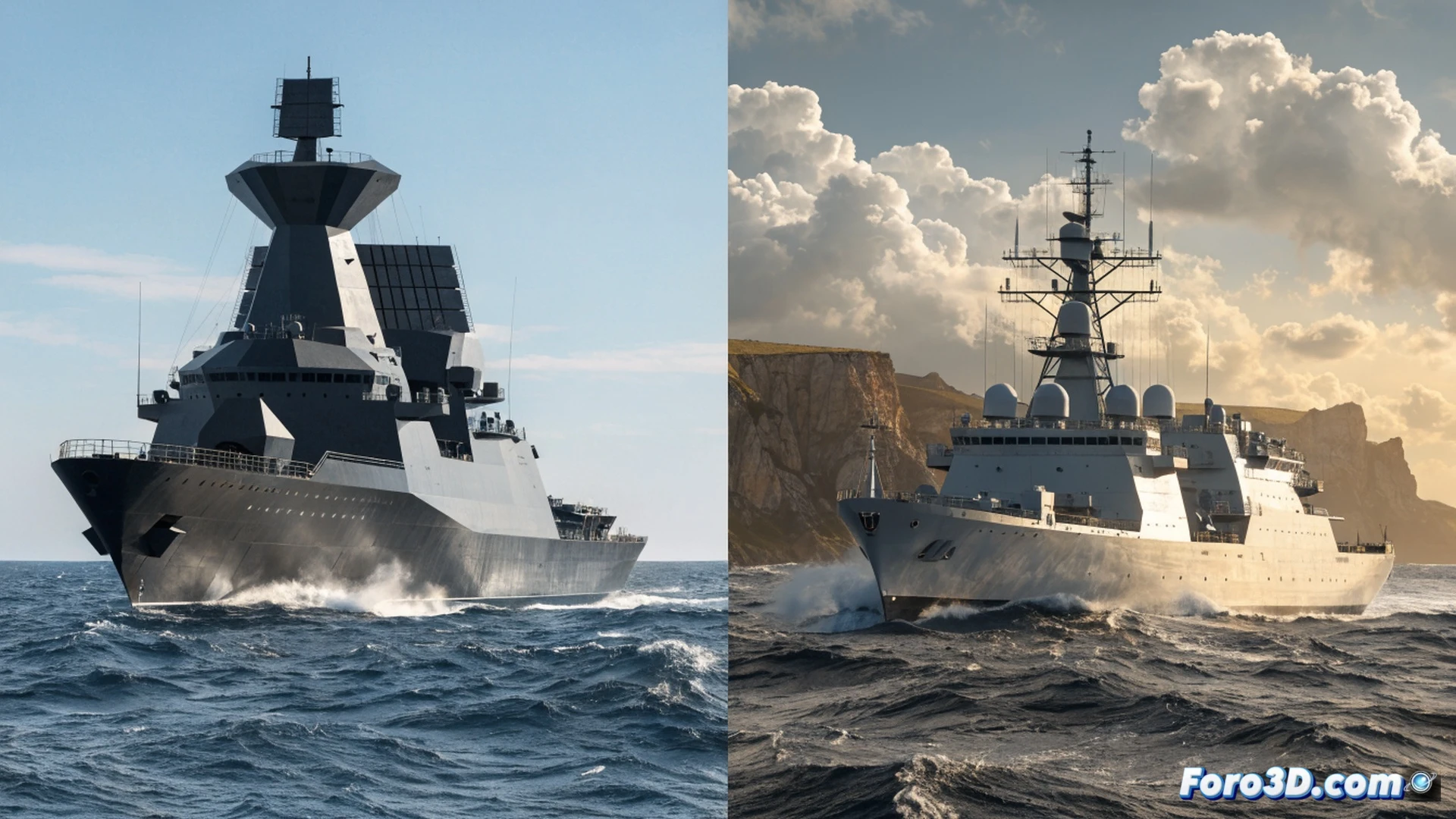 Naval shipyard dry dock scene, two warships side by side: left hull marked F126 partially dismantled with exposed wiring and corrosion, right hull Meko-200 with sleek stealth panels being assembled by robotic arms, engineers in orange vests pointing at blueprints while a holographic budget projection shows 13 billion euro counter ticking down, cinematic engineering visualization, metallic grey and navy blue palette, welding sparks falling, dramatic floodlights, photorealistic technical render, high-contrast industrial atmosphere