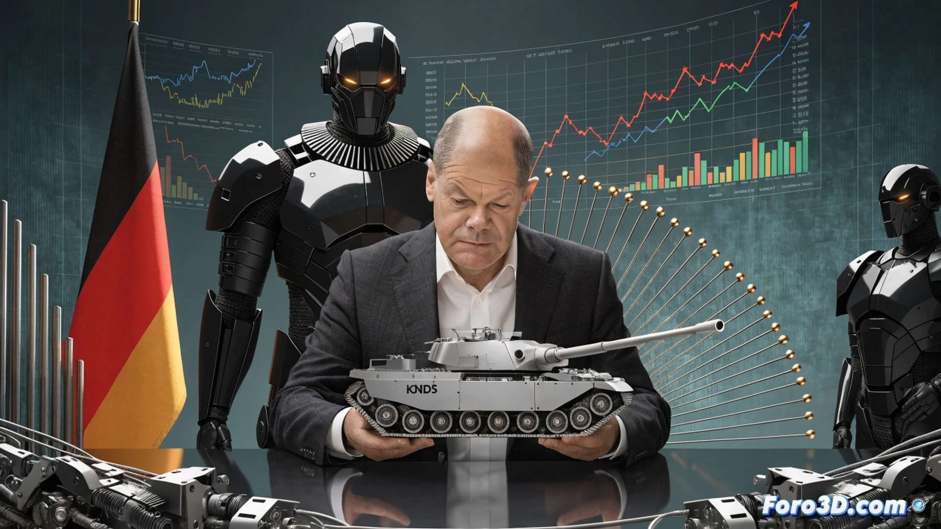 German government officials and engineers inspecting a partially assembled KNDS battle tank in a high-tech industrial hangar, one official signing a document while another points to a stock market graph displayed on a transparent holographic screen showing a 40 percent stake transaction, tanks in various stages of assembly with robotic arms welding armor plates, glowing financial data streams overlay the scene, cinematic photorealistic engineering visualization, dramatic overhead lighting reflecting off polished steel and glass interfaces, detailed mechanical components and precision tools visible on workbenches, motion blur from rotating crane hooks, ultra-detailed industrial environment, hyperrealistic textures
