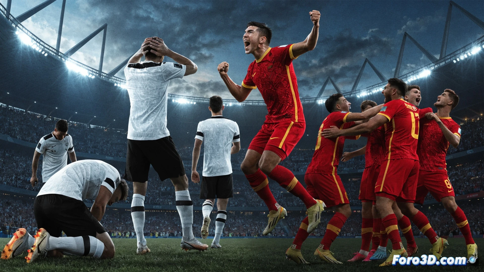 photorealistic football match scene, Ecuadorian player celebrating dramatic goal with arms raised, German defender fallen in disbelief on wet grass, scoreboard showing 2-1, stadium floodlights casting long shadows, motion blur on ball still spinning near net, technical sporting equipment visible: cleats digging into turf, goalkeeper gloves discarded, jersey numbers 7 and 10 clearly readable, cinematic sports photography style, high contrast lighting, rain droplets on camera lens, dramatic low angle shot capturing emotional contrast between jubilant Ecuadorians and stunned German players, ultra-detailed fabric textures, sweat droplets frozen in mid-air, photorealistic stadium atmosphere
