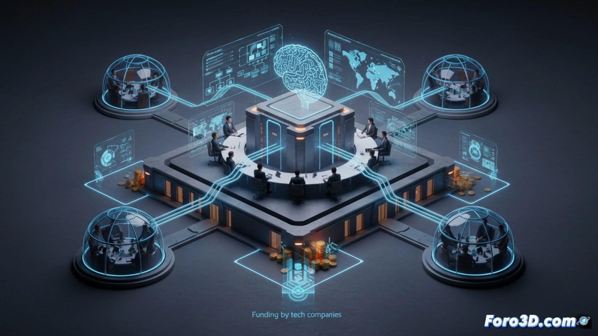 German AI safety institute boardroom scene, three corporate executives presenting a glowing holographic risk assessment dashboard to a government advisor, while a transparent financial pipeline shows funding flowing from tech companies back to the institute, no enforcement tools visible, only advisory documents and empty sanction folders on the table, cinematic technical illustration style, photorealistic render, cool blue and silver industrial lighting, polished glass conference table reflecting data streams, subtle tension in body language, ultra-detailed facial expressions and holographic UI elements, engineering visualization aesthetic