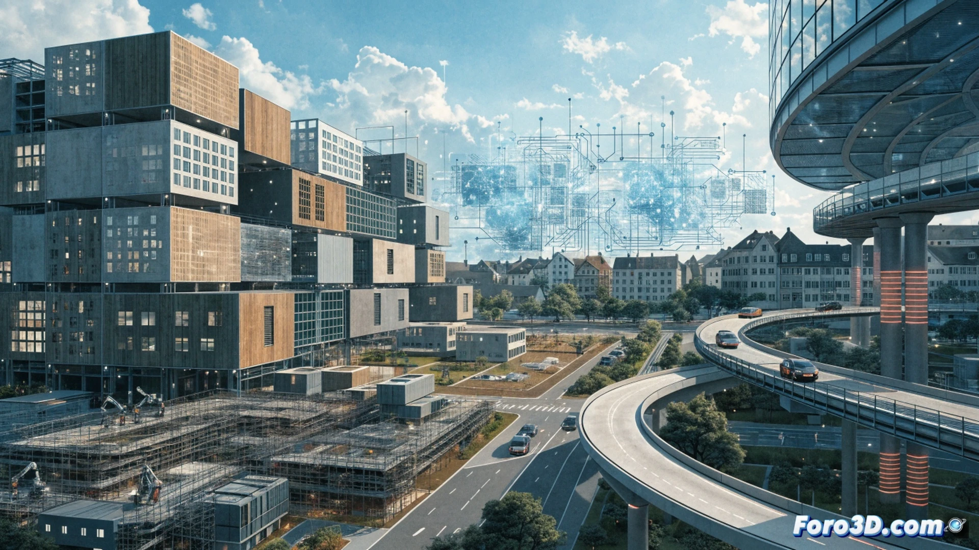 Modern construction site digitalization, architects and engineers gathered around a large holographic building blueprint floating above a tablet, robotic arms assembling modular housing components in background, digital permit application interface visible on transparent screens, building information modeling software showing real-time structural data, bright industrial LED lighting, clean minimalist German architecture style, photorealistic technical illustration, smooth metallic surfaces, holographic data streams flowing between devices, precise engineering visualization, action of digital approval process being demonstrated