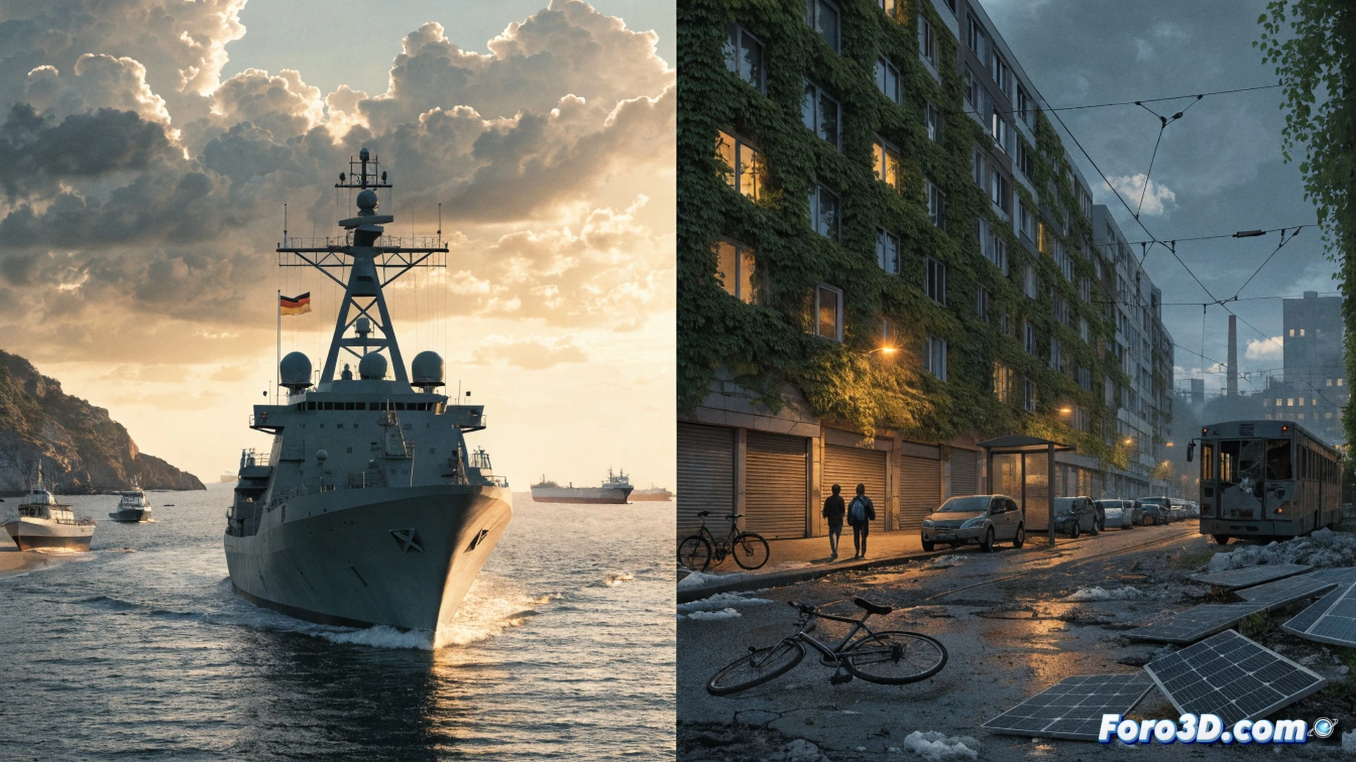 German Navy frigate patrolling near an oil tanker in the Strait of Hormuz, warship radar dish rotating while solar panel arrays onshore remain partially dismantled and covered in dust, contrast between military hardware and abandoned renewable infrastructure, photorealistic technical illustration, hazy Middle Eastern coastline, bright sun reflecting off calm sea, metallic hull details, antenna systems emitting faint signal lines, docked cargo vessel in background, industrial port cranes idle, dramatic geopolitical lighting, ultra-detailed maritime engineering visualization