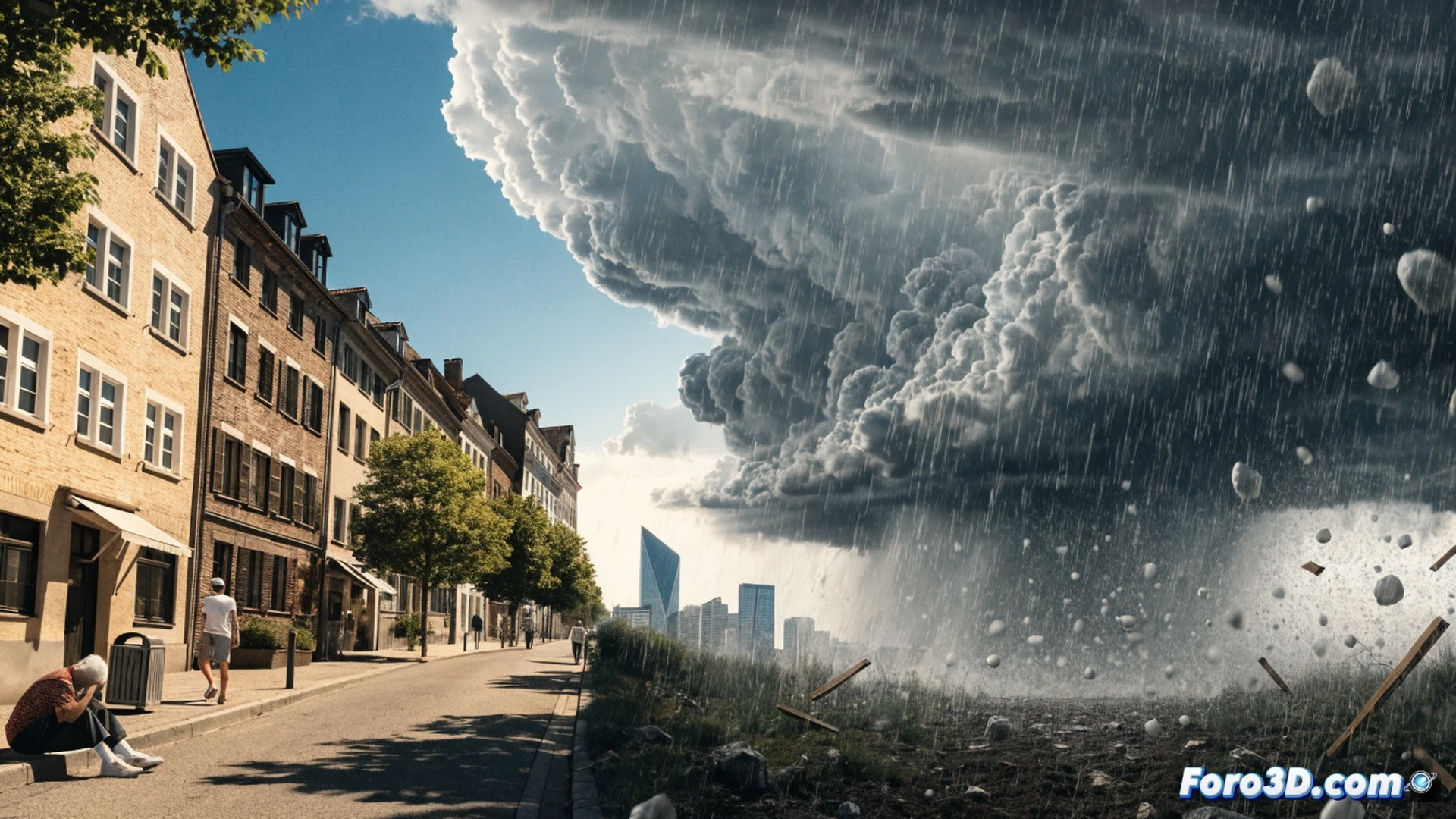 Extreme heatwave over German city landscape, digital thermometer on public building displaying 38 degrees Celsius, elderly person drinking water in shaded park bench, dark storm clouds forming on horizon with lightning bolts and hailstones falling, intense sunlight casting harsh shadows on dry cracked ground, cinematic photorealistic style, dramatic lighting contrasting golden hour heat with approaching purple-grey storm, ultra-detailed urban environment, sweat droplets on skin, heat haze distortion over asphalt, technical weather alert visualization
