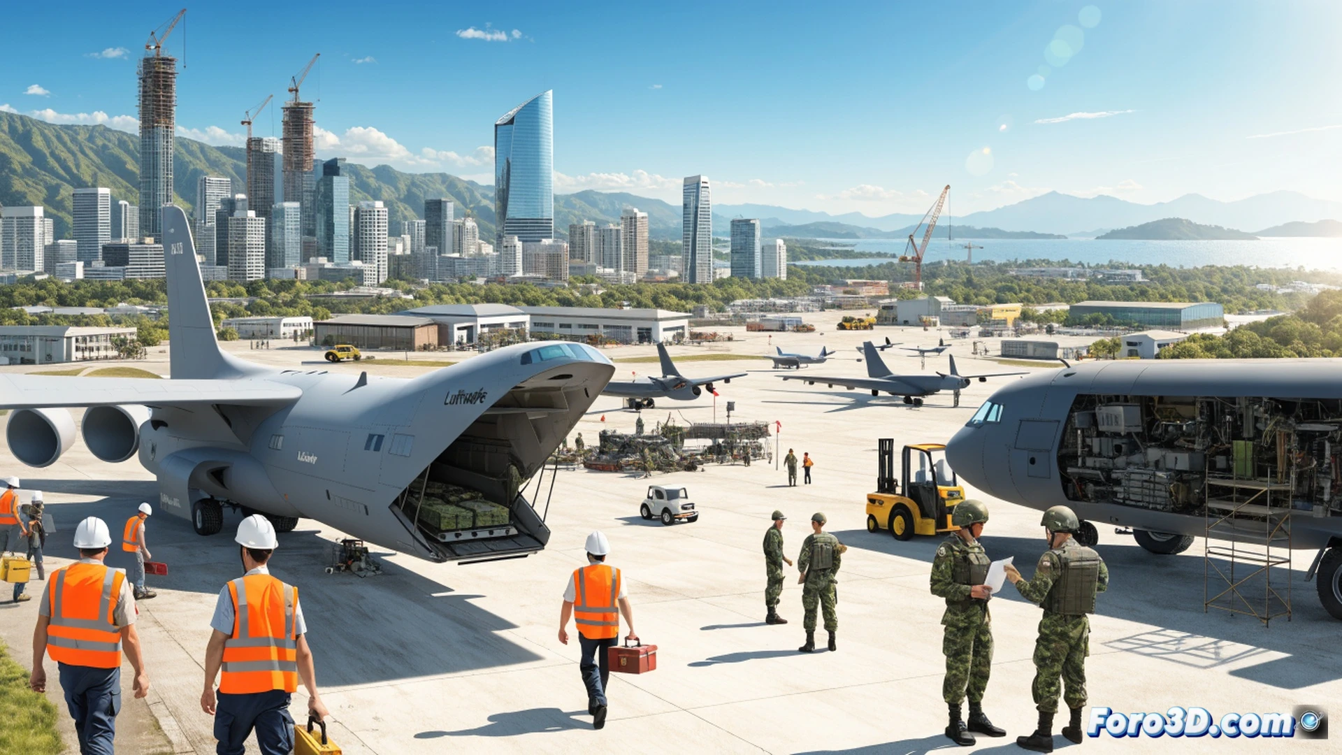 German engineers in blue coveralls inspecting a C-130 aircraft inside a hangar, filipino technicians assembling a jet engine on a maintenance stand, overhead crane lifting a wing component, digital schematics displayed on a large screen showing 2028 timeline, concrete floor with tool carts and hydraulic jacks, industrial LED lighting casting shadows, photorealistic technical illustration, cinematic wide-angle shot, action of collaborative maintenance process, mechanical precision, high detail on rivets and turbine blades, clean modern facility atmosphere