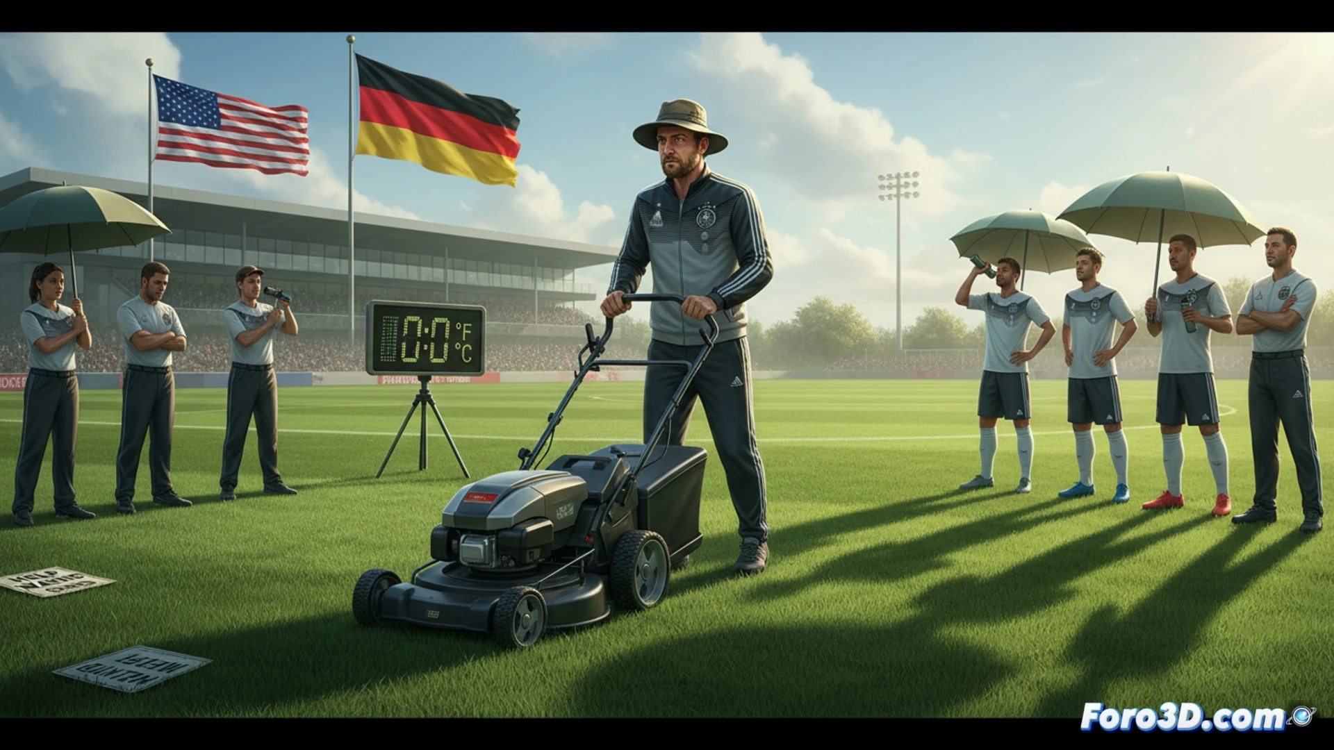 jardinero alemán con uniforme técnico verde y blanco, cortando césped con cortacésped robótico de alta precisión en campo de entrenamiento de Carolina del Norte, sol radiante sobre el campo, termómetro digital grande mostrando 38 grados Celsius, botellas de agua azules alineadas en el borde, bandera de Alemania ondeando al fondo, pausa de hidratación en curso con jugadores bebiendo agua, estilo cinematográfico fotorrealista, iluminación natural intensa, textura detallada del césped recién cortado, sombras nítidas, composición de gran angular, render técnico deportivo
