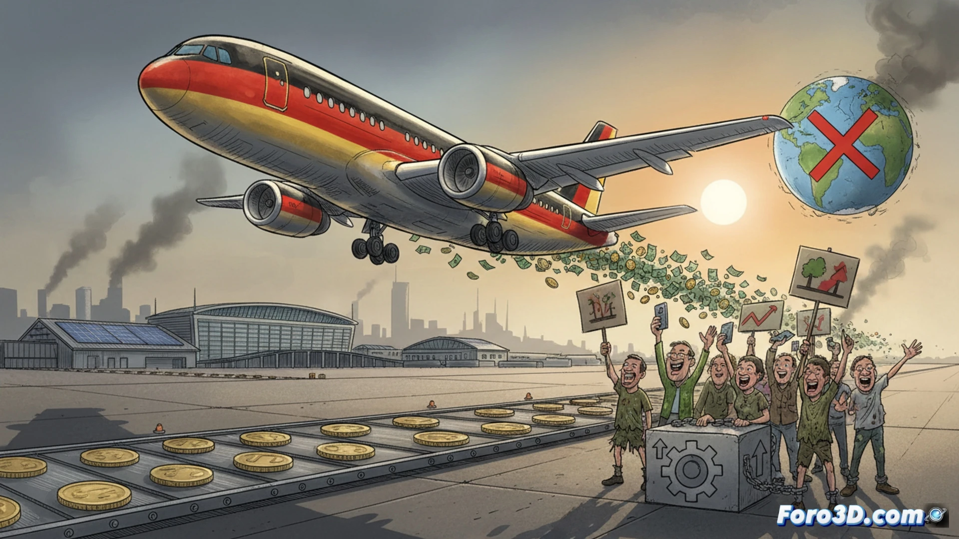 Airplane silhouette casting dark shadow over green landscape, jet engine emitting visible CO2 particles and heat distortion, cockpit instruments showing rising emissions data while government document with aircraft growth chart burns at edges, environmental protestors with placards blurred in background, photorealistic technical illustration, dramatic contrast between blue sky and pollution haze, ultra-detailed engine turbine blades, cracked earth beneath runway, cinematic lighting with harsh shadows, realistic material textures on metal and paper