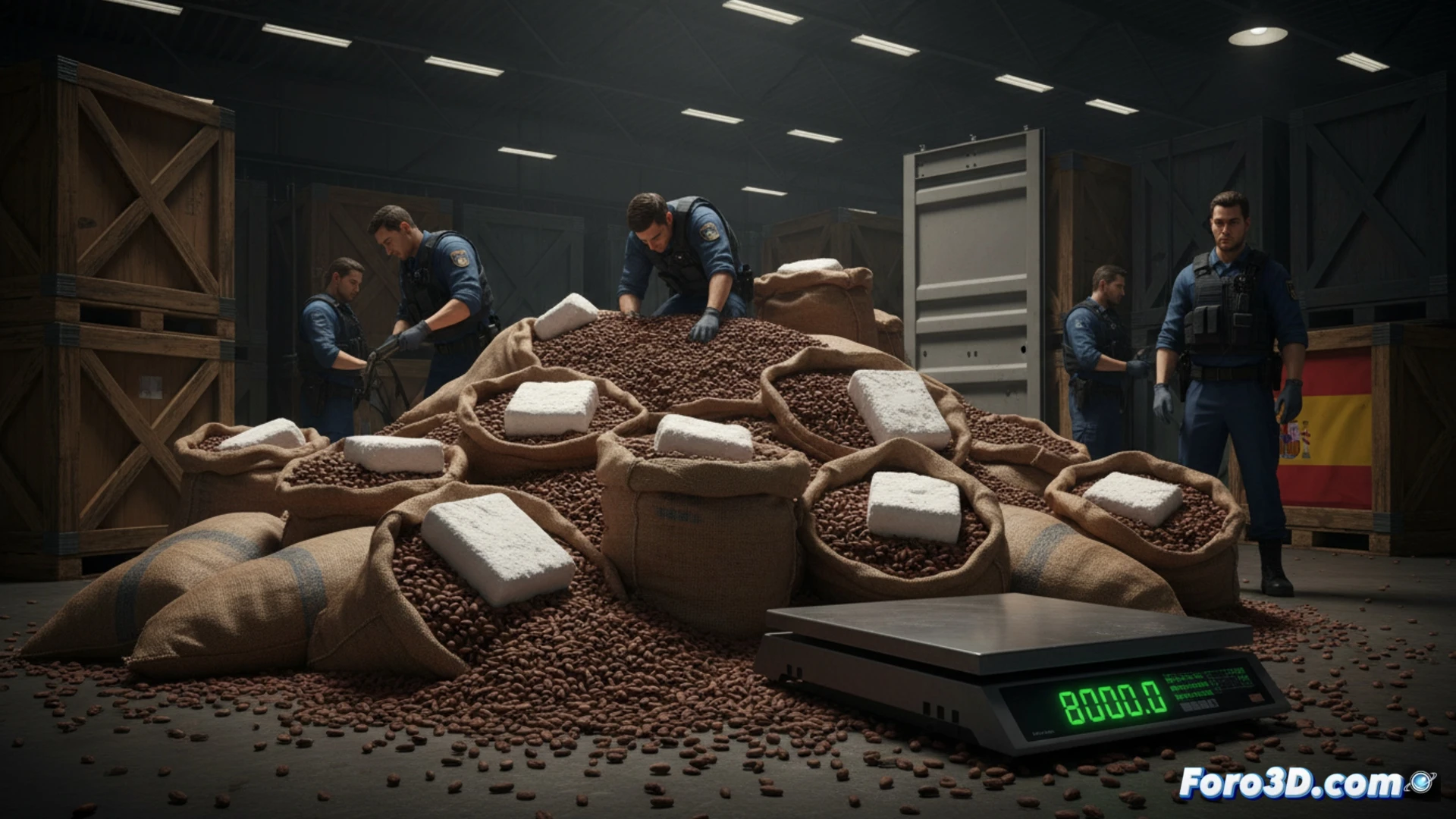 Customs inspection bay at night, German and Spanish officers in protective gear opening a steel shipping container, dozens of stacked cocoa sacks sliced open revealing white brick-shaped cocaine packages inside, forensic tools and handheld spectrometers on the floor, yellow evidence markers on the concrete, bright halogen floodlights casting long shadows, heavy-duty fork truck in background, photorealistic cinematic style, dramatic high-contrast industrial lighting, ultra-detailed textures on burlap and plastic wrap, tense action during the seizure process
