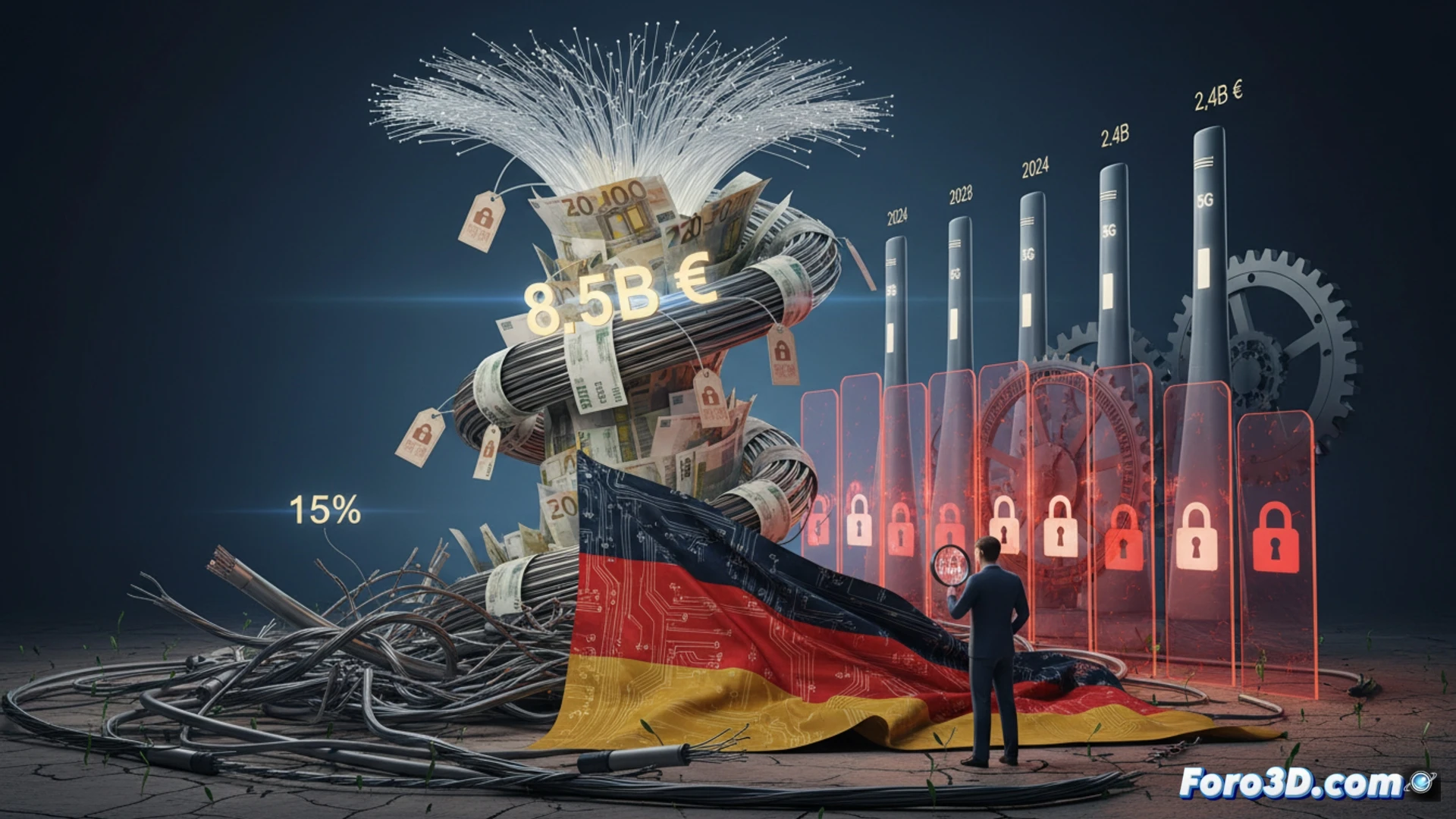 photorealistic engineering visualization, fiber optic cable being buried underground by a construction crew in a German suburban street, digging machine with hydraulic arm cutting through asphalt, exposed fiber cables glowing with blue light, a technician holding a tablet showing network coverage map with only 15% highlighted in green, while a large billboard in background displays a 2028 promise date, overcast sky, dramatic shadows, metallic tools and orange safety cones, muddy ground, realistic textures on cables and machinery, cinematic wide-angle shot