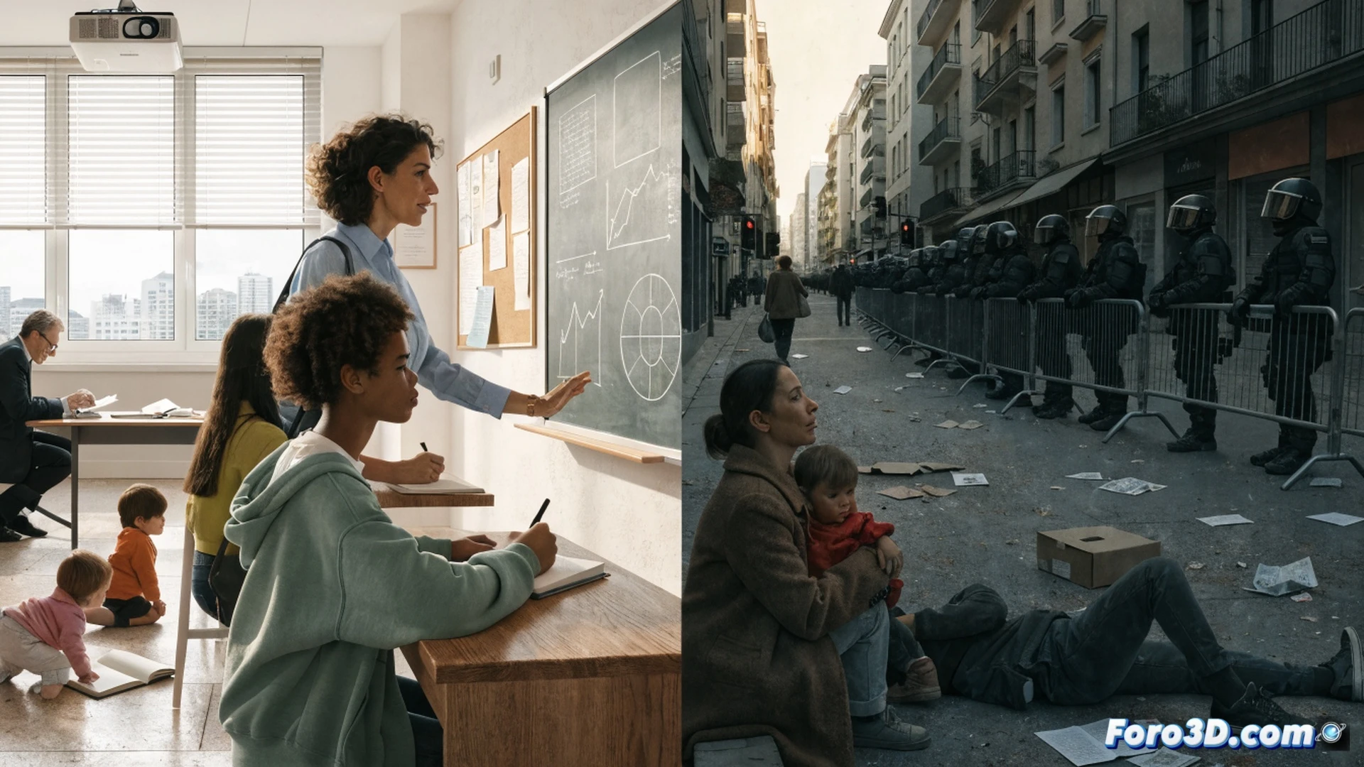 Two contrasting classroom scenes split by a diagonal line, left side showing a modern German preschool with children playing under bright lights while teachers guide activities using tablets and wooden toys, right side showing a decaying Spanish school with cracked walls, empty chairs, and a single janitor sweeping dust near broken windows, cinematic photorealistic style, dramatic chiaroscuro lighting, warm educational atmosphere on left versus cold abandonment on right, detailed textures of learning materials versus peeling paint, visual metaphor of investment versus neglect, technical illustration quality