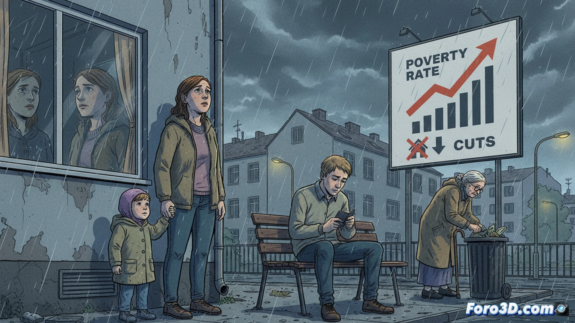 photorealistic scene of a single mother in a cramped Berlin apartment, sitting at a worn kitchen table with a laptop showing a red budget deficit chart, while a young child plays with a broken toy on the floor, a stack of unpaid bills and a Wohngeld application form lie next to a calculator, dim winter light through a fogged window, worn-out furniture, cold colour palette of grey and blue, cinematic documentary style, high detail on financial documents and digital screen, emotional tension showing the struggle of not making ends meet, technical household items like a radiator with a timer and a smart meter on the wall