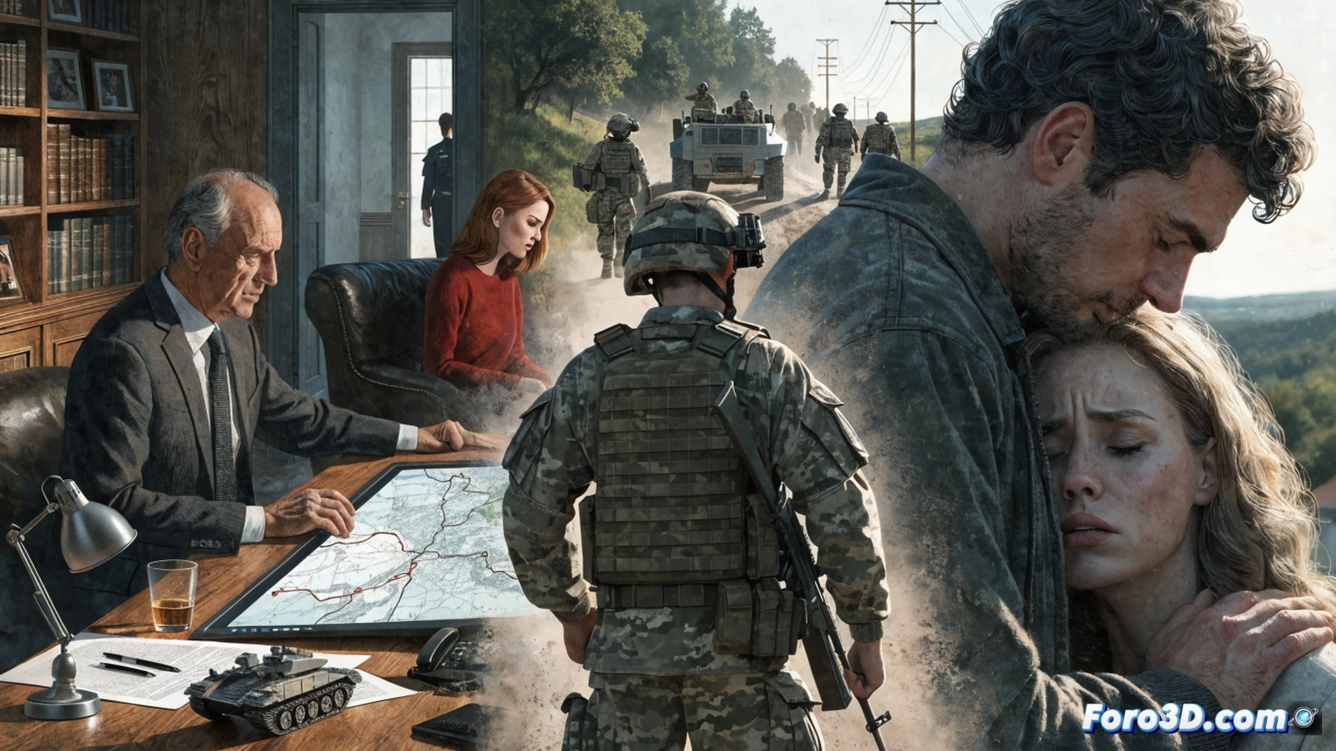 German military base interior, soldiers in Bundeswehr uniforms standing rigidly at attention while a senior officer points at a deployment map on a digital screen, map showing arrow from Germany to Lithuania, empty chairs around a briefing table symbolizing missing volunteers, cold fluorescent lighting, dust particles floating, tense atmosphere, photorealistic technical illustration, detailed military gear, tactical equipment on walls, dramatic shadows, ultra-realistic textures, cinematic composition