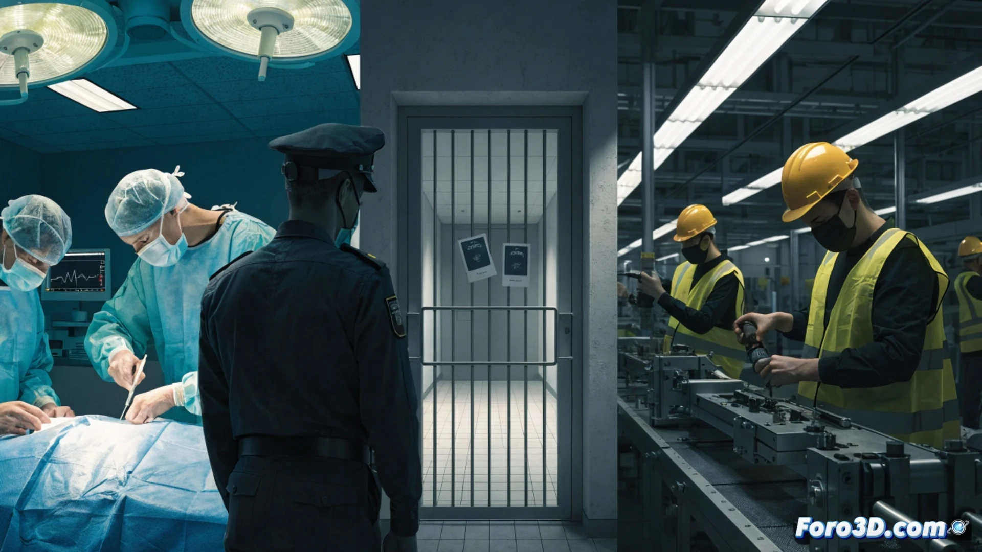 photorealistic cinematic scene of a skilled immigrant worker in hospital scrubs holding a medical device, standing before a massive German factory window, a closed steel gate with bureaucratic paperwork and a red rejection stamp blocking entry, while inside exhausted German doctors and factory workers collapse from overwork, the immigrant worker's hand reaching toward a visible job vacancy sign on the glass, dramatic contrast between warm interior lights and cold gray exterior, realistic textures of metal, glass, and paper, ultra-detailed facial expressions showing frustration and exhaustion, engineering visualization style with sharp focus on the contradiction between need and rejection