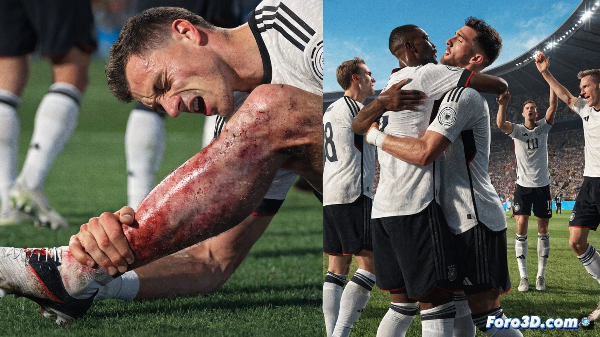 German national team defender Nico Schlotterbeck falling to the grass pitch clutching his left ankle during a World Cup match against Ivory Coast, stadium floodlights illuminating the scene, medical staff rushing onto the field with a stretcher and medical kit, visible ankle swelling and distortion, team physiotherapist performing initial injury assessment with palpation and pressure testing, sideline medical equipment including cold spray and elastic bandage, opponent players standing with concerned expressions, cinematic sports photography style, dramatic shadow play, photorealistic human anatomy detail, sweat and grass stains on jersey, ultra-detailed facial expression of pain, motion freeze effect capturing the exact moment of injury impact