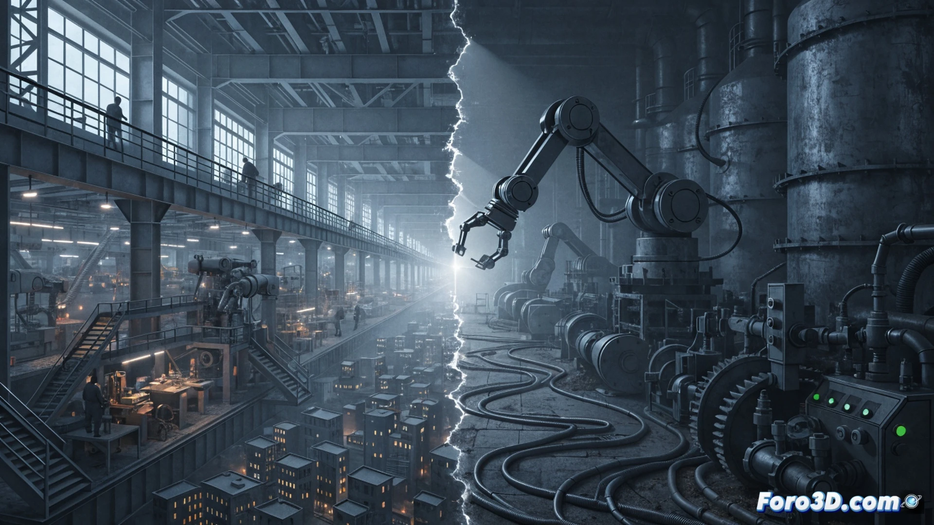 Aerial view of a German industrial factory floor during shift change, rows of idle robotic arms and conveyor belts with no workers visible, a single engineer in blue coveralls standing still near a control panel showing dark screens, dust particles floating in dim overhead lights, cold metallic surfaces reflecting emptiness, technical cinematic visualization, photorealistic industrial render, desaturated blue-grey color palette, deep shadows highlighting machinery stagnation, wide-angle lens capturing the vast silent production line