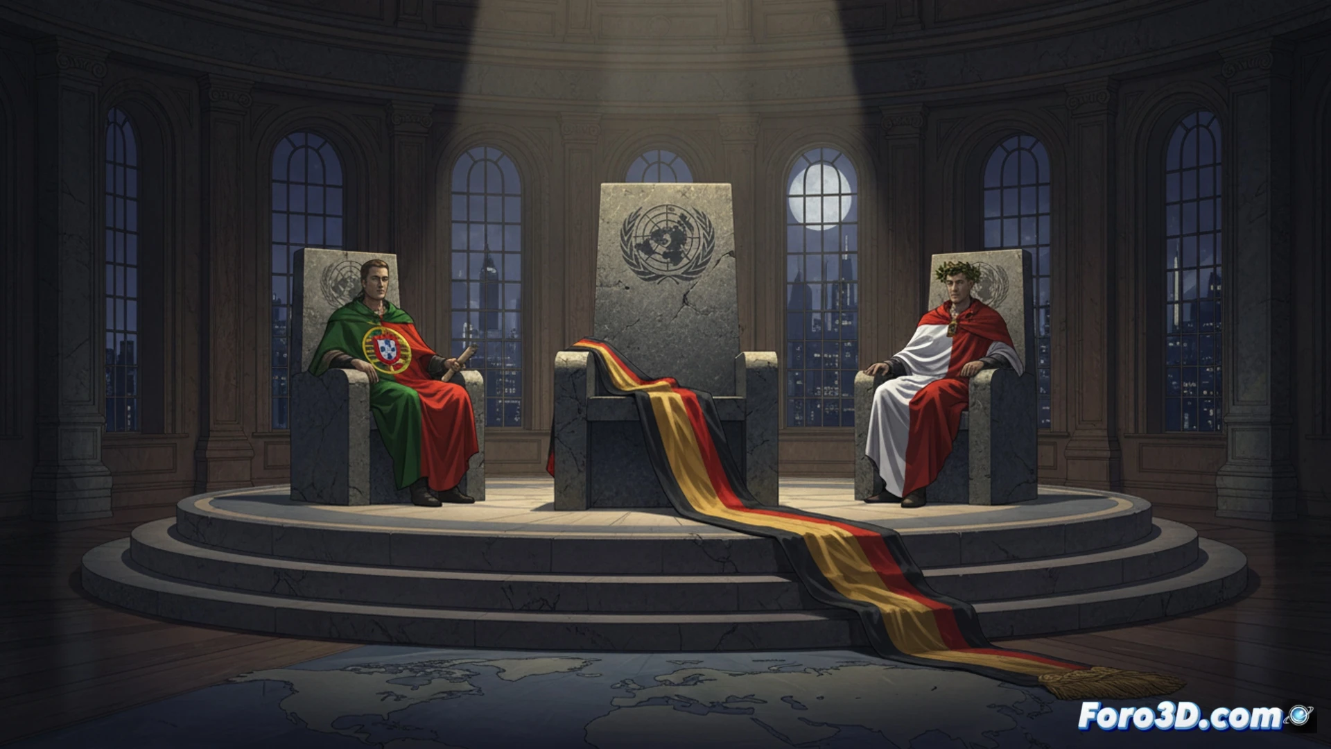 Empty chair at UN Security Council circular table with Germany flag missing from flag stand, Portugal and Austria flags placed in two empty slots, delegates in suits looking at empty seat with subtle disappointment, diplomatic documents and earpieces on table, blue and gold UN chamber interior, wide-angle shot showing procedural emptiness, photorealistic cinematic lighting, soft shadows on polished wood, minimalist composition emphasizing absence, high-end architectural photography style