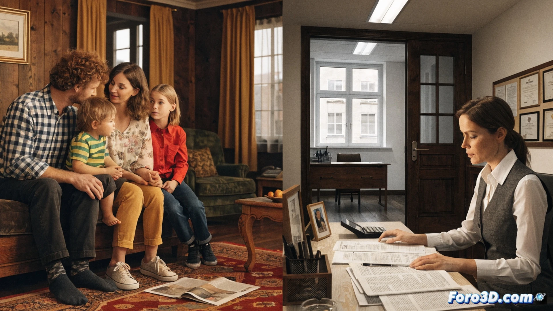 middle-aged couple at a kitchen table reviewing a official German municipal invoice on a tablet, while a senior woman in a care home corridor is visible through a window, a financial document with a red line crossing out 100.000 euro and marking 60.000 euro, calculator and ledger showing rising household expenses, photorealistic technical illustration, realistic indoor lighting, sharp focus on the tablet screen and crossed-out figures, subtle anxiety in body language, clean modern German interior design, cinematic composition