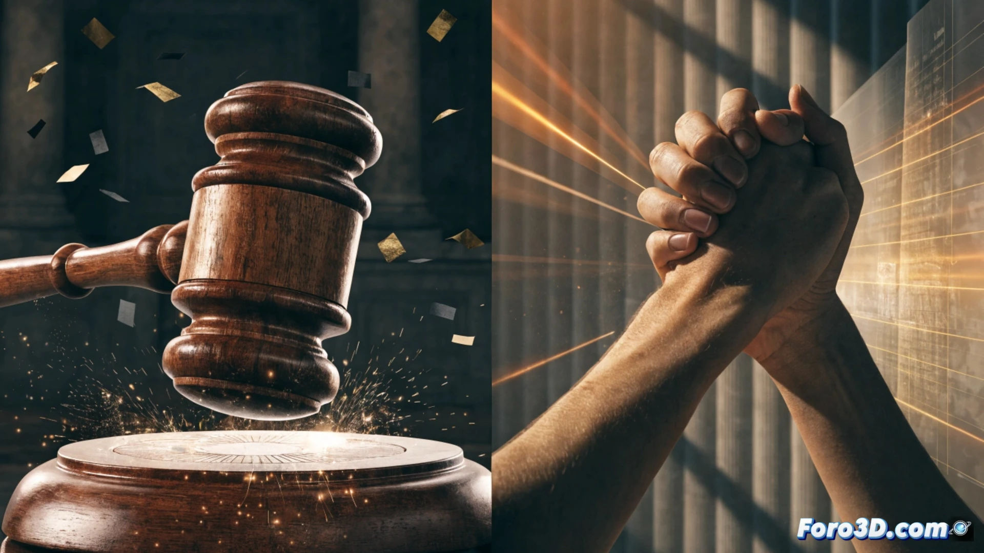 A judge gavel breaking a chain of calendar pages numbered from 5 to 20, shattered links flying apart, while a legal document showing consent definitions transforms from a red X to a green checkmark, courtroom background with wooden benches and a German flag, cinematic photorealistic technical illustration, dramatic shadow and spotlight lighting, ultra-detailed metal textures, motion freeze effect on debris, legal symbolism with precise mechanical action