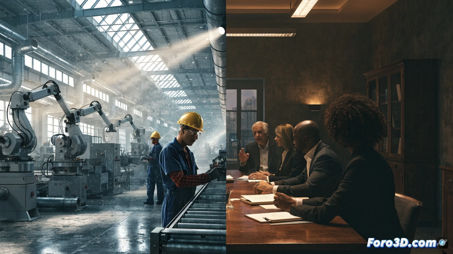 German factory interior with a large clock showing 10 hours, workers in safety vests and hard hats operating heavy machinery, a union representative and manager signing a collective agreement on a digital tablet, industrial robotic arms moving assembly line parts, bright overhead LED lighting casting sharp shadows on metal floor, photorealistic technical illustration, cinematic wide-angle view, blueprints and safety charts visible on background wall, realistic textures of steel and concrete, high-contrast industrial atmosphere, detailed mechanical components and hydraulic systems in action