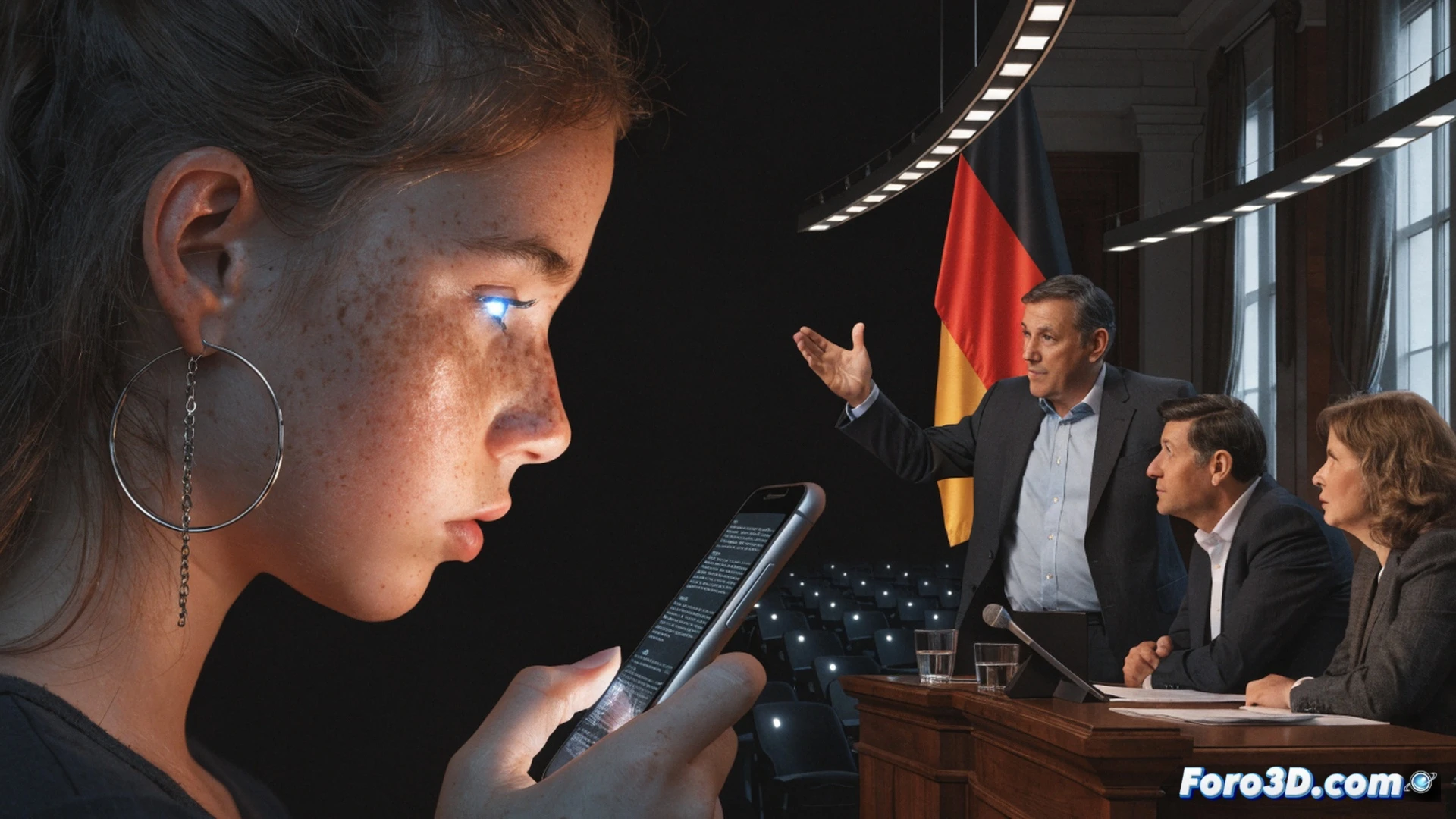 Photorealistic technical illustration showing a child s hand reaching for a smartphone while a parent s hand gently blocks the screen, digital padlock icon hovering above the phone, age verification interface displayed on a tablet nearby, school classroom background with no phones on desks, screen time dashboard showing 7 hours usage warning, red alert symbols around a 350k addiction statistics chart, muted blue and gray color palette, soft cinematic lighting from top left, engineering visualization style, ultra-detailed textures on plastic and glass surfaces, realistic hand anatomy, clean composition with shallow depth of field