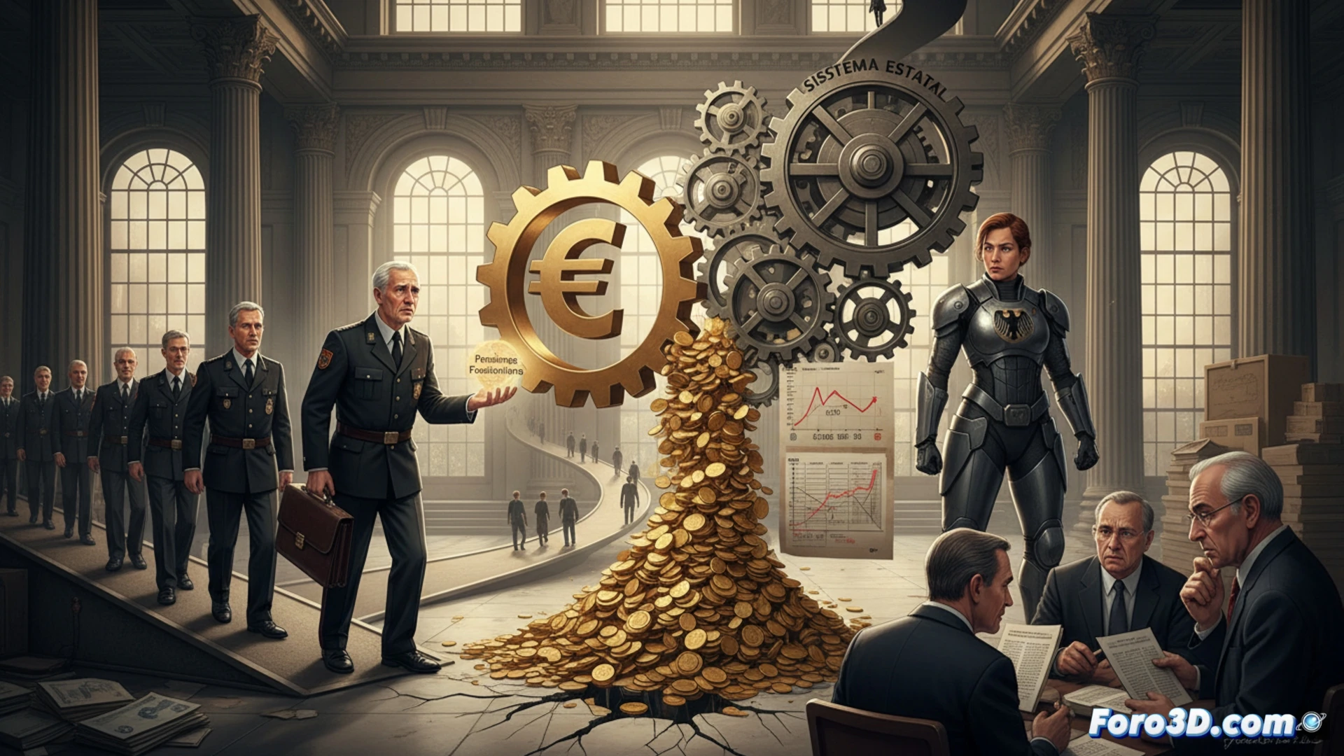 photorealistic technical illustration of a German government office scene, two civil servants in formal suits handing over a document folder labeled Pensionsreform to a state official at a desk, a large clock on the wall showing time pressure, a calculator and financial charts on the table, a digital screen on the wall displaying a unified pension system flowchart with merging arrows, dramatic side lighting from a window, shadows on the floor, detailed bureaucratic environment, cinematic lighting, ultra-realistic textures